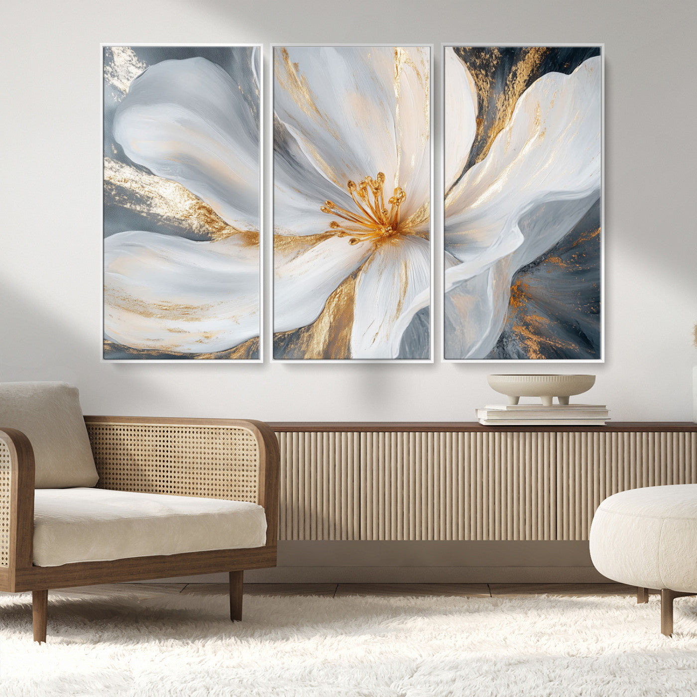 MGV-FC-48X32-3P - White and Gold Floral Canvas Wall Art - Framed and Ready to Hang - Perfect for Modern Living Rooms