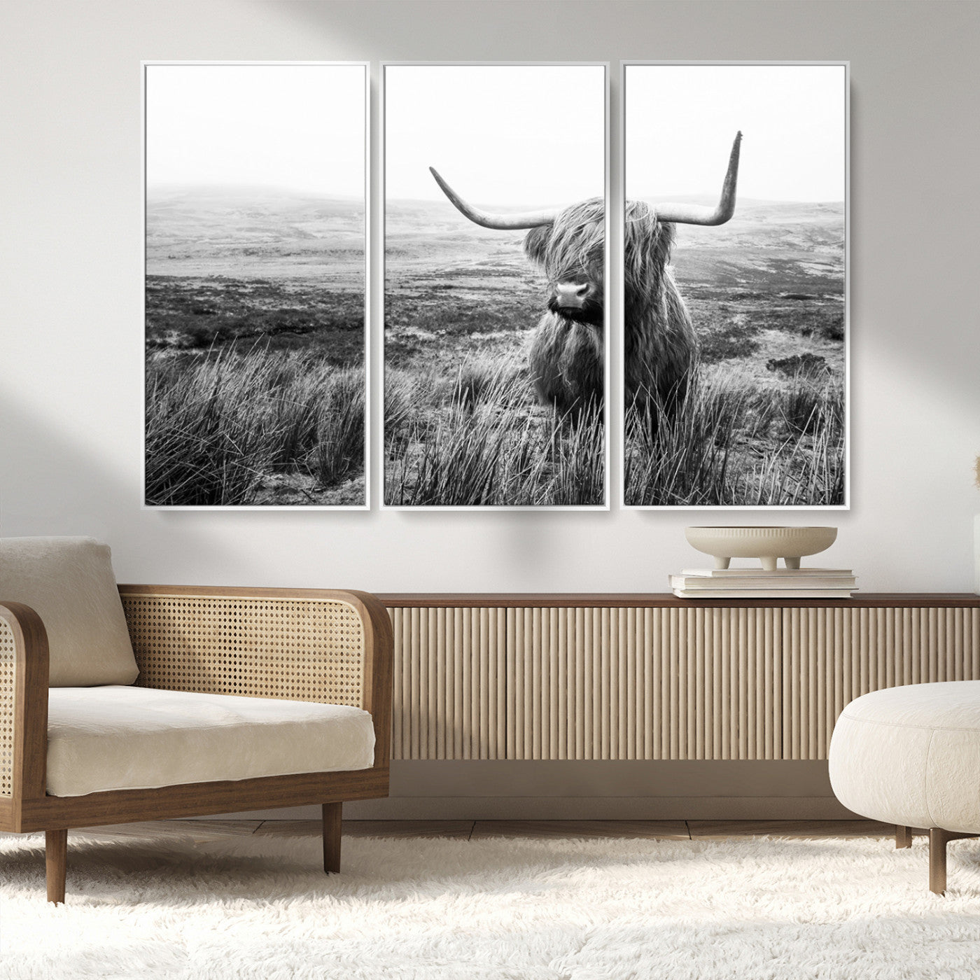 MGV-FC-48X32-3P - Scottish Highland Cow Wall Art | Black and White Canvas Print | Ready to Hang and Framed | Rustic