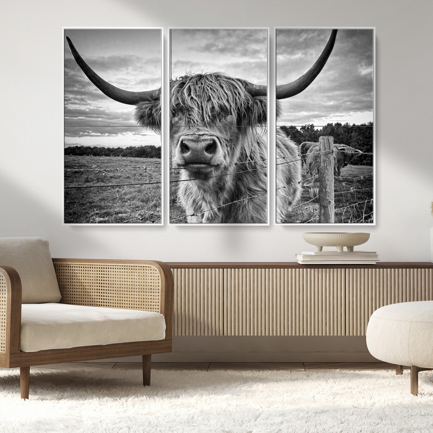 MGV-FC-48X32-3P - Scottish Highland Cow Wall Art Canvas Print | Ready to Hang and Framed | Rustic Farmhouse Decor
