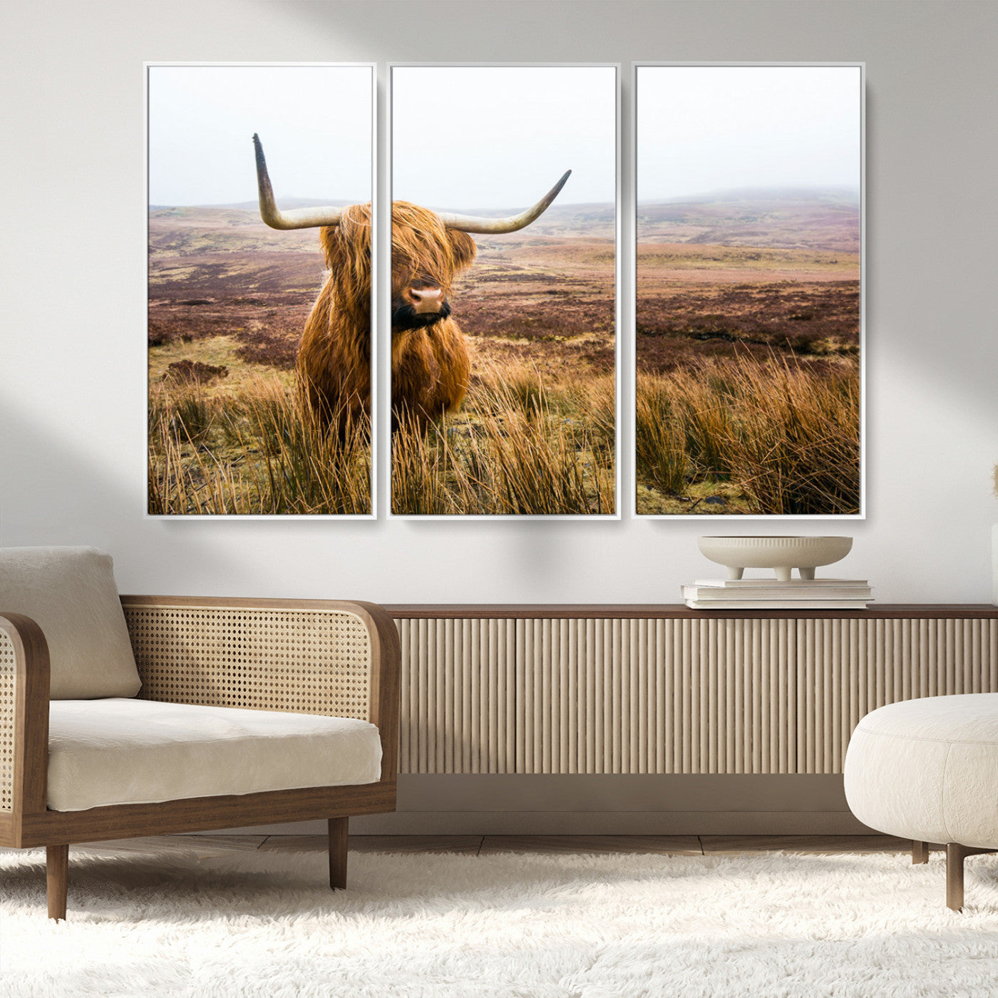 97274-MGV-FC-48X32-3P_White-Scottish Highland Cow Canvas Wall Art – Rustic Farmhouse Charm with Highland Cattle – Ready to Hang