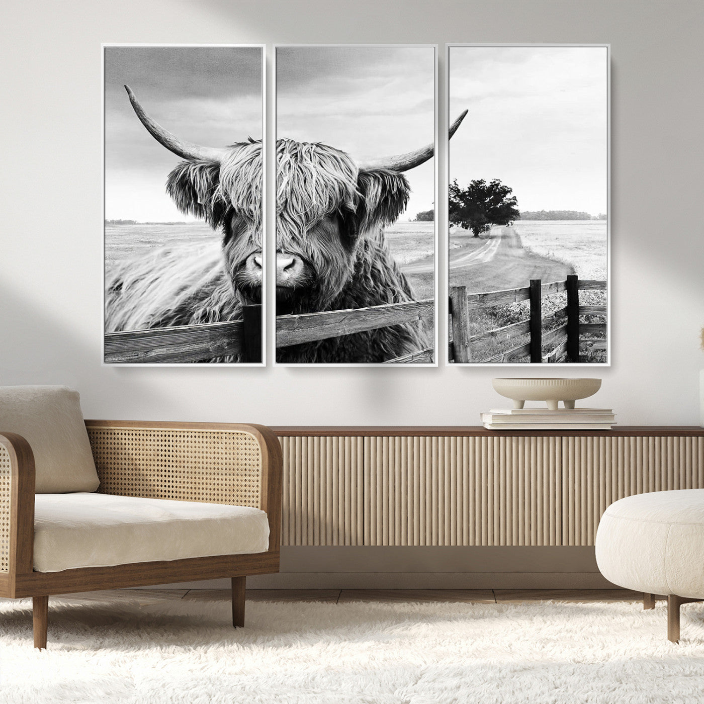 MGV-FC-48X32-3P - Scottish Highland Cow Wall Art | Rustic Farmhouse Décor | Black and White Ready to Hang Canvas Print