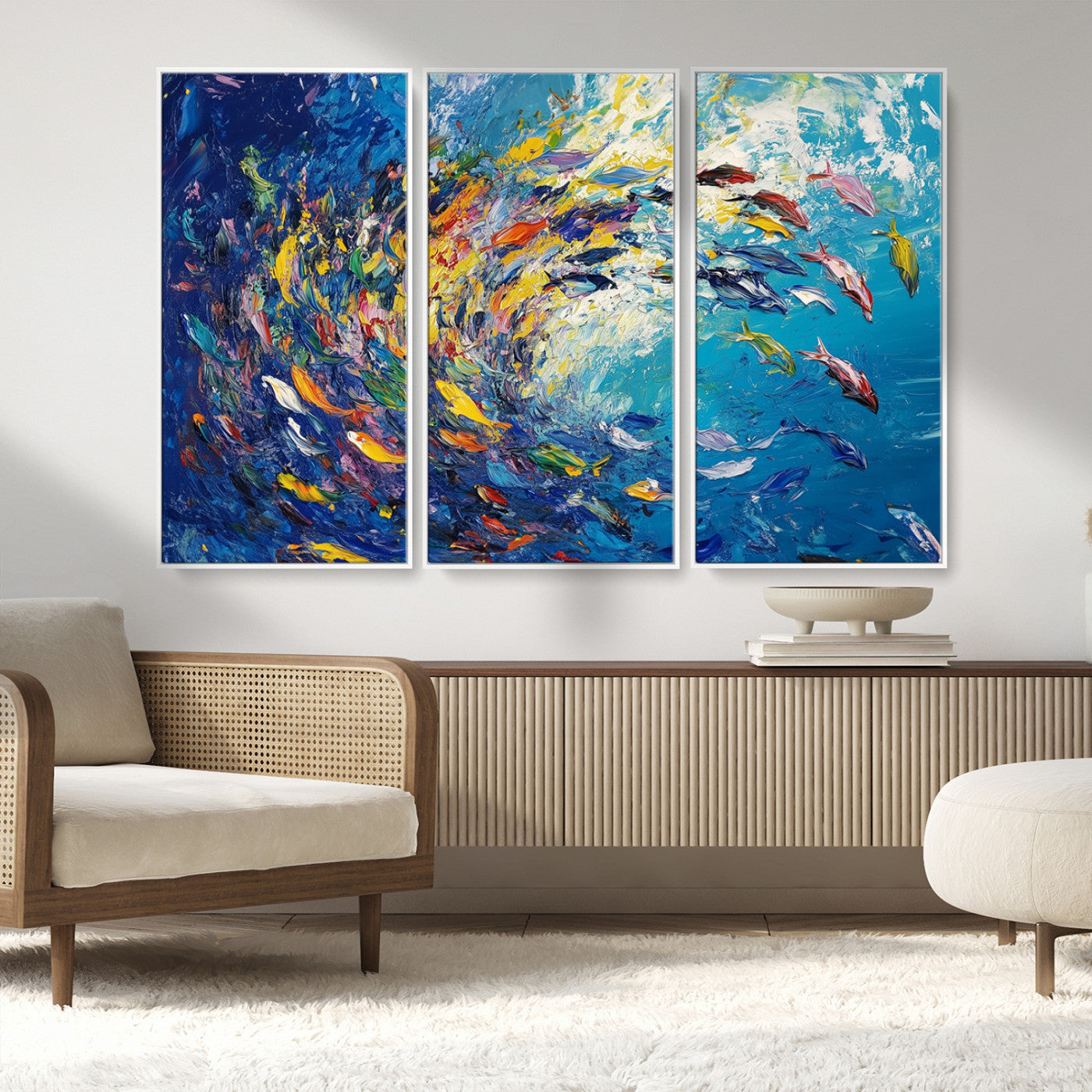 MGV-FC-48X32-3P - Colorful Swirling Fish School Wall Art Canvas Print | Oceanic Abstract Painting | Ready to Hang |