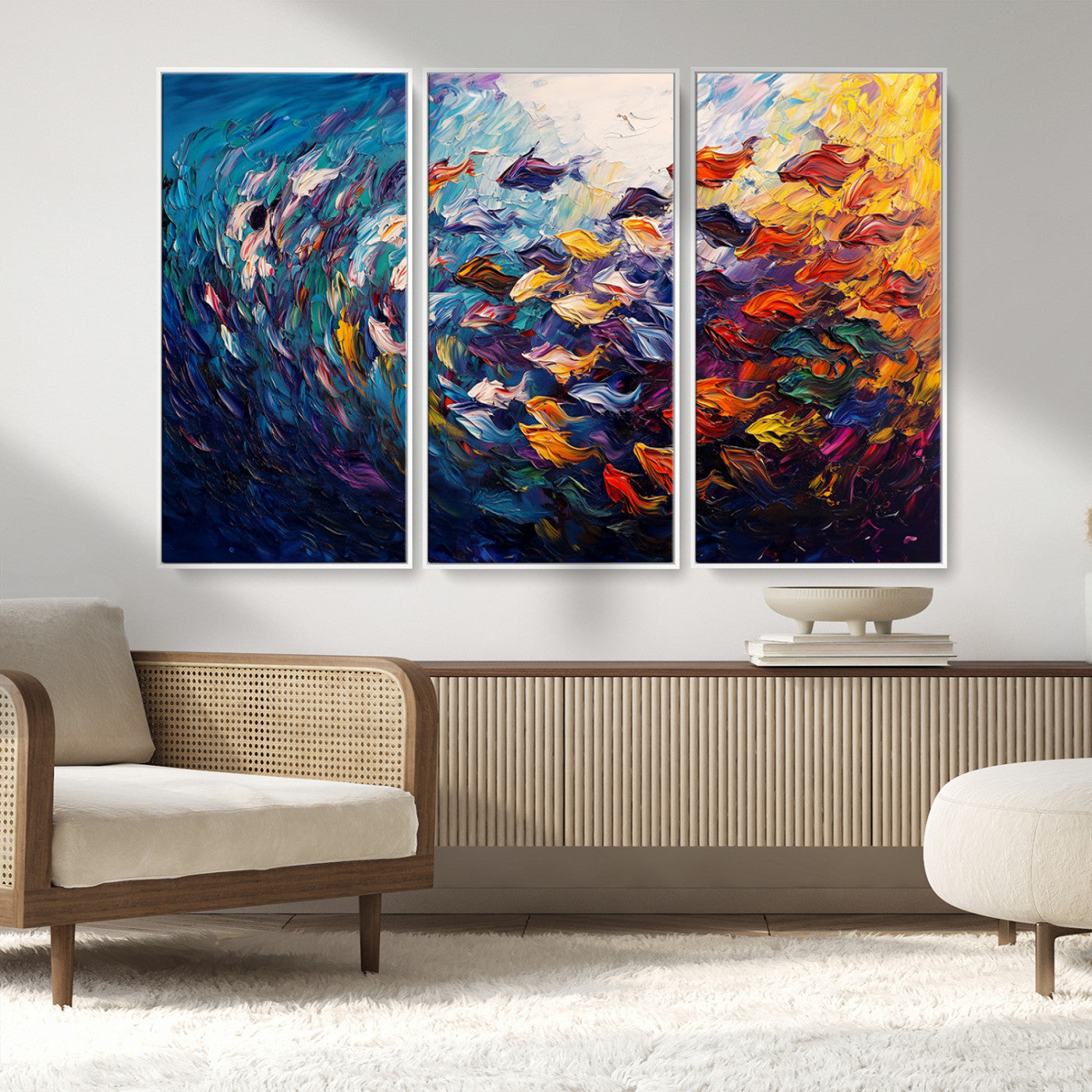 MGV-FC-48X32-3P - Vibrant Abstract Fish Swarm Art – Colorful Fish Inspired 3-Piece Canvas Wall Art for Living Room or