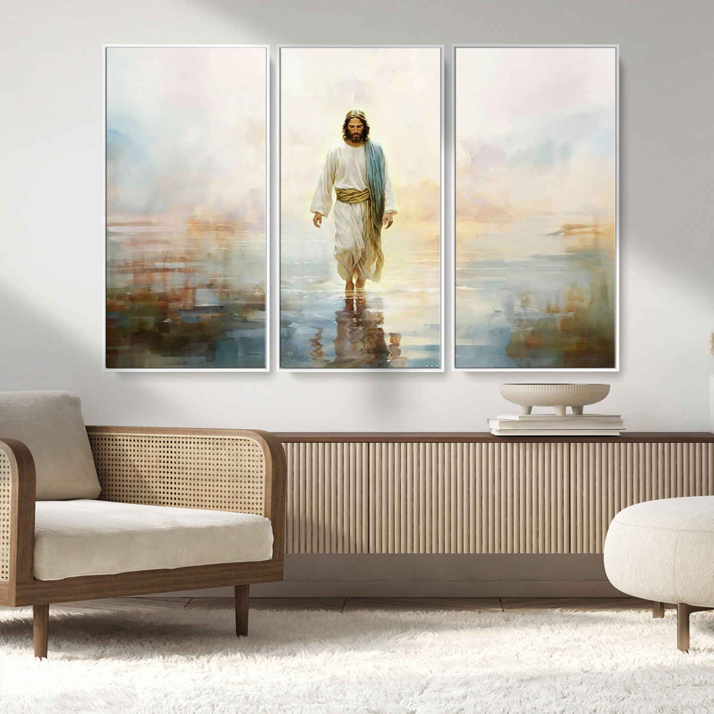 MGV-FC-48X32-3P - Framed Jesus Walking on Water Wall Art - 3-Panel Christian Canvas Prints, Religious Artwork for