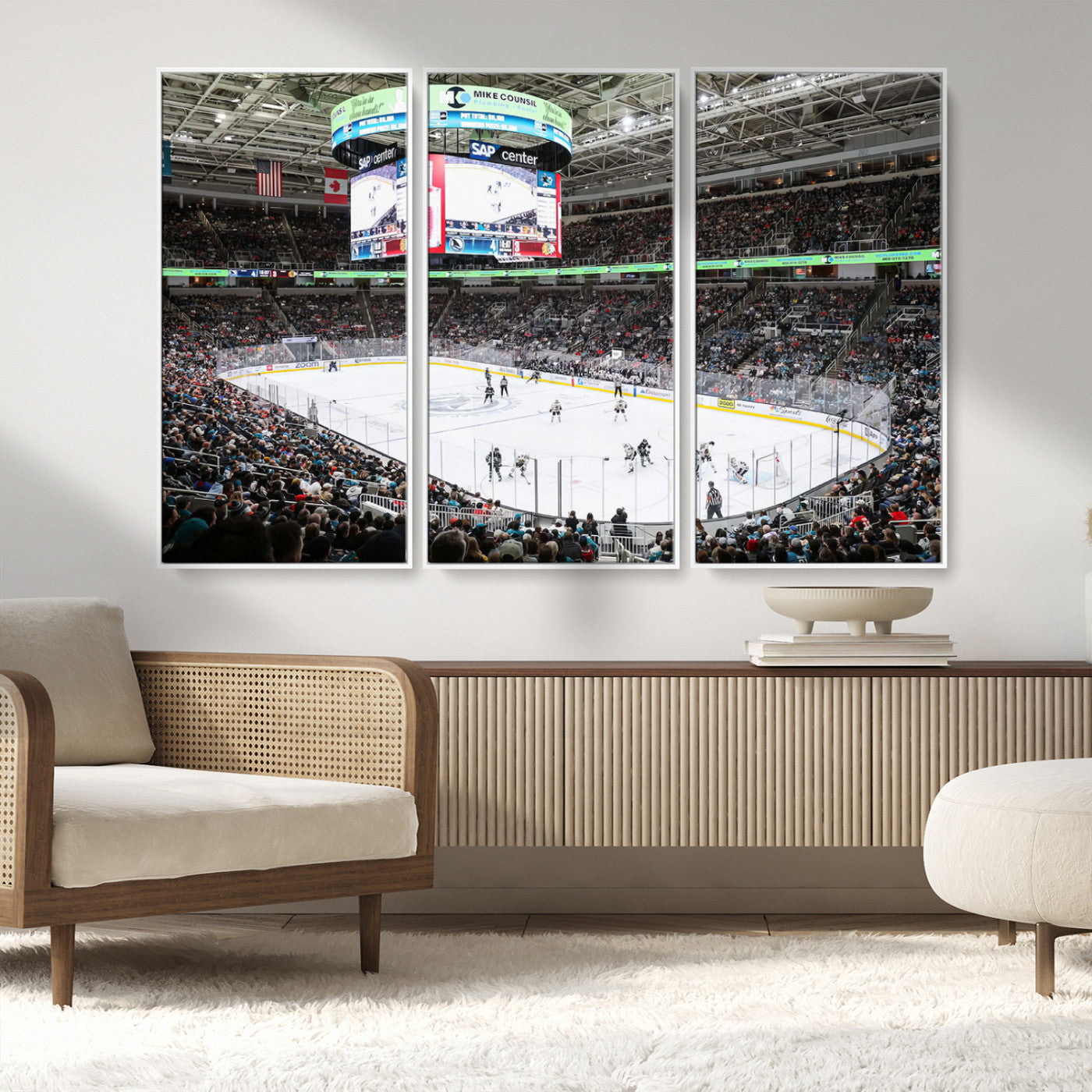 MGV-FC-48X32-3P - Sharks Arena Blackhawks Sharks Ice Hockey Stadium Wall Art Canvas Print, Framed Blackhawks Sharks