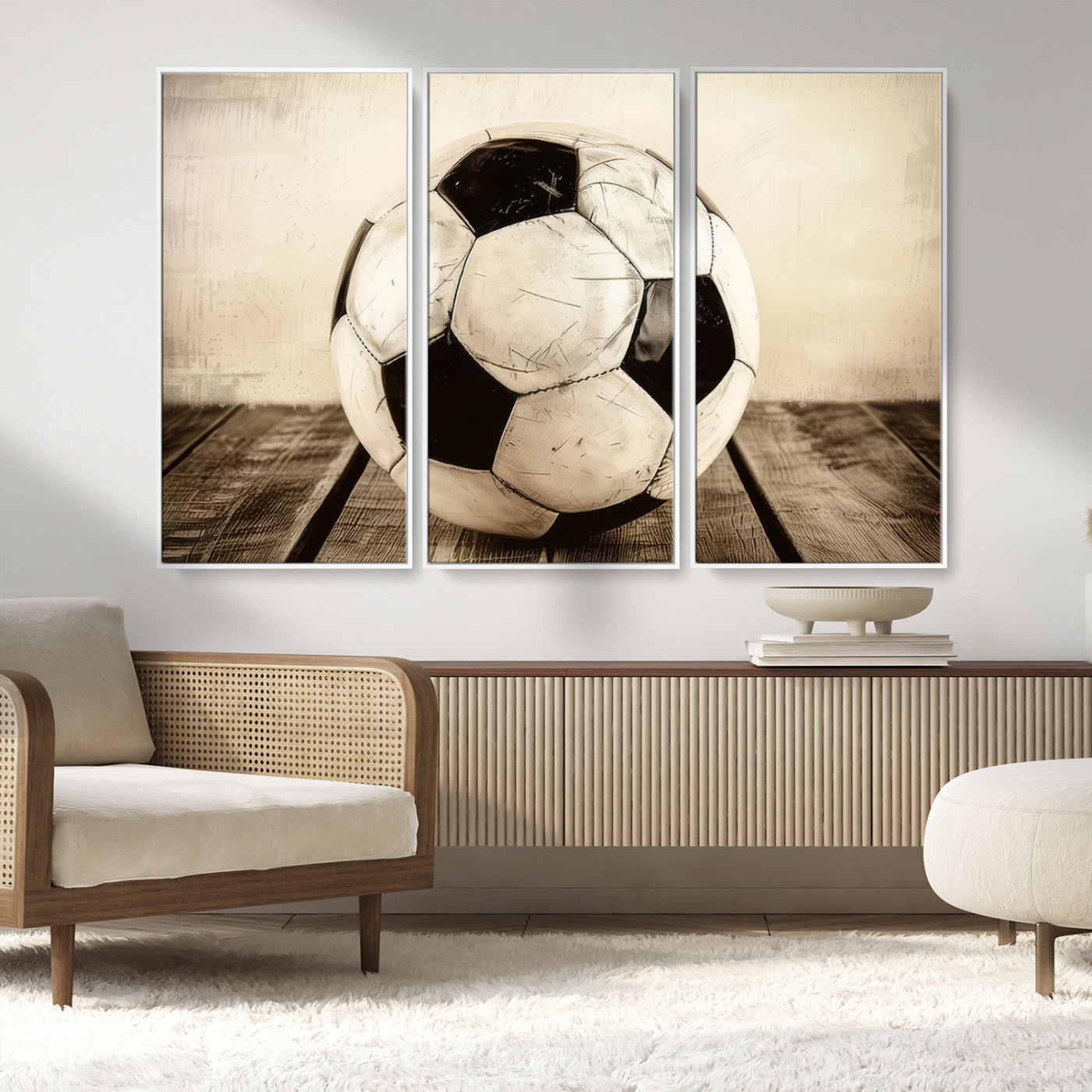 MGV-FC-48X32-3P - Vintage Soccer Ball Wall Decor Canvas Art – 3-Panel Soccer Wall Decor, Framed and Ready to Hang