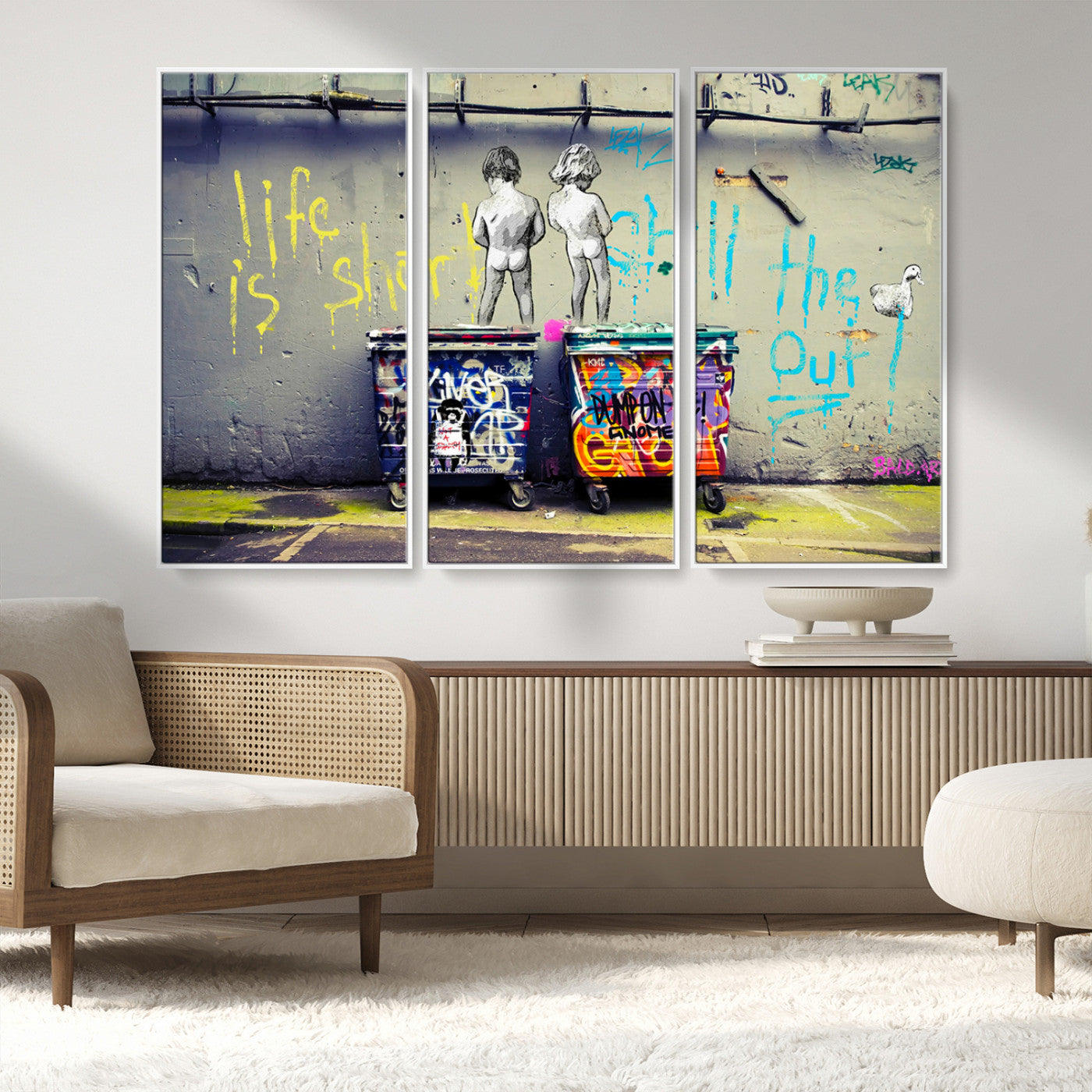 MGV-FC-48X32-3P - Banksy Life is Short Wall Art - Iconic Graffiti Art on Framed Ready-to-Hang Canvas - Street Art