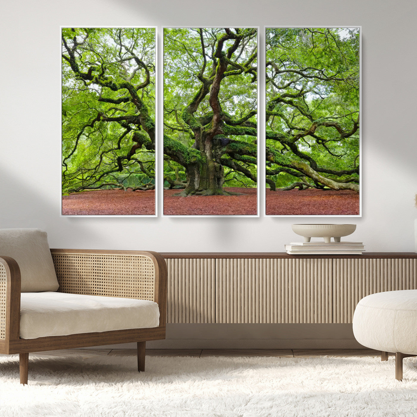 MGV-FC-48X32-3P - Framed Angel Oak Tree Wall Art - 3-Panel Canvas Prints, Large Green Nature Artwork, Ready to Hang