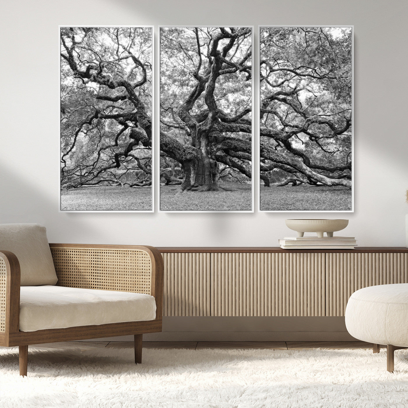 MGV-FC-48X32-3P - Black White Angel Oak Tree Wall Art - Timeless Nature-Inspired Canvas for Rustic, Modern, or