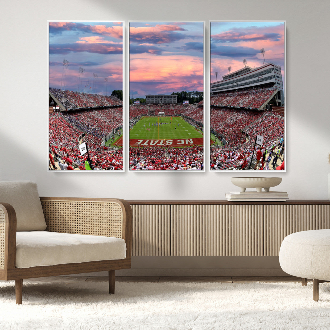 MGV-FC-48X32-3P - Carter-Finley Stadium Art Sunset Game Triple Canvas Wall Art - NC State Wolfpack Football Match