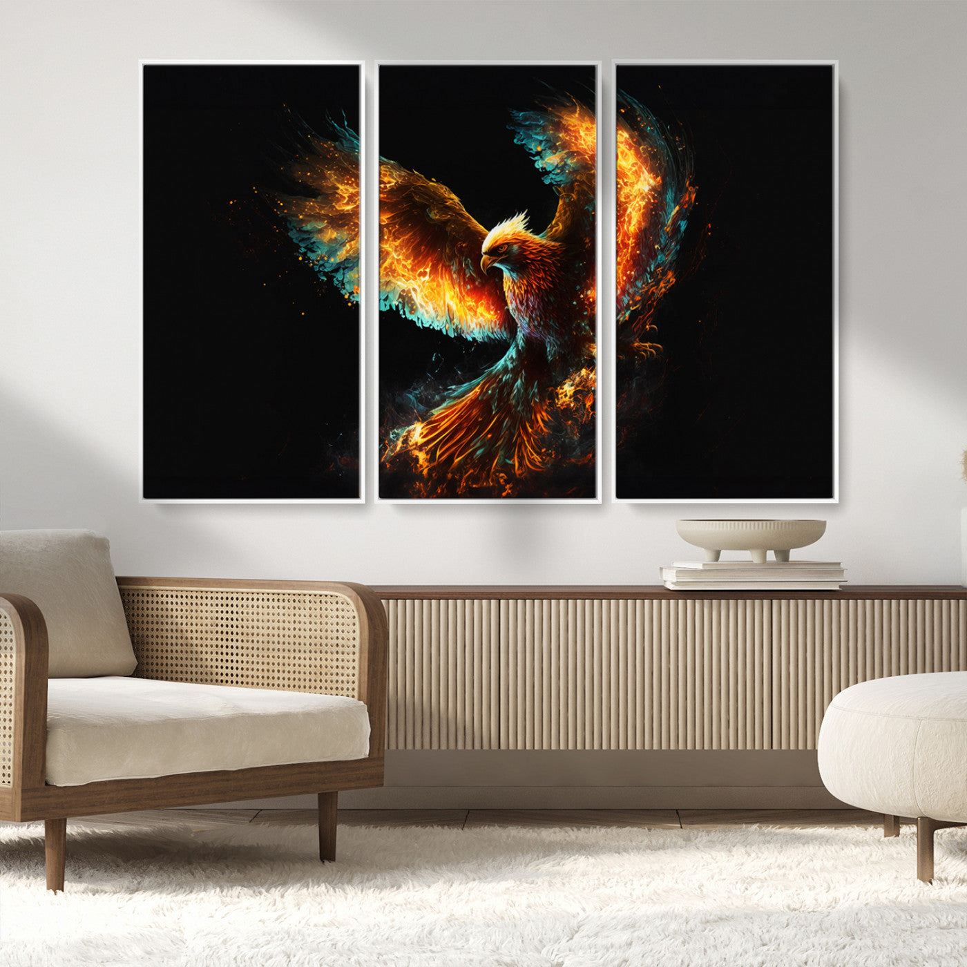 MGV-FC-48X32-3P - Fiery Phoenix Canvas Print | Ready to Hang Wall Art | Bold Fantasy Decor for Living Room | Majestic