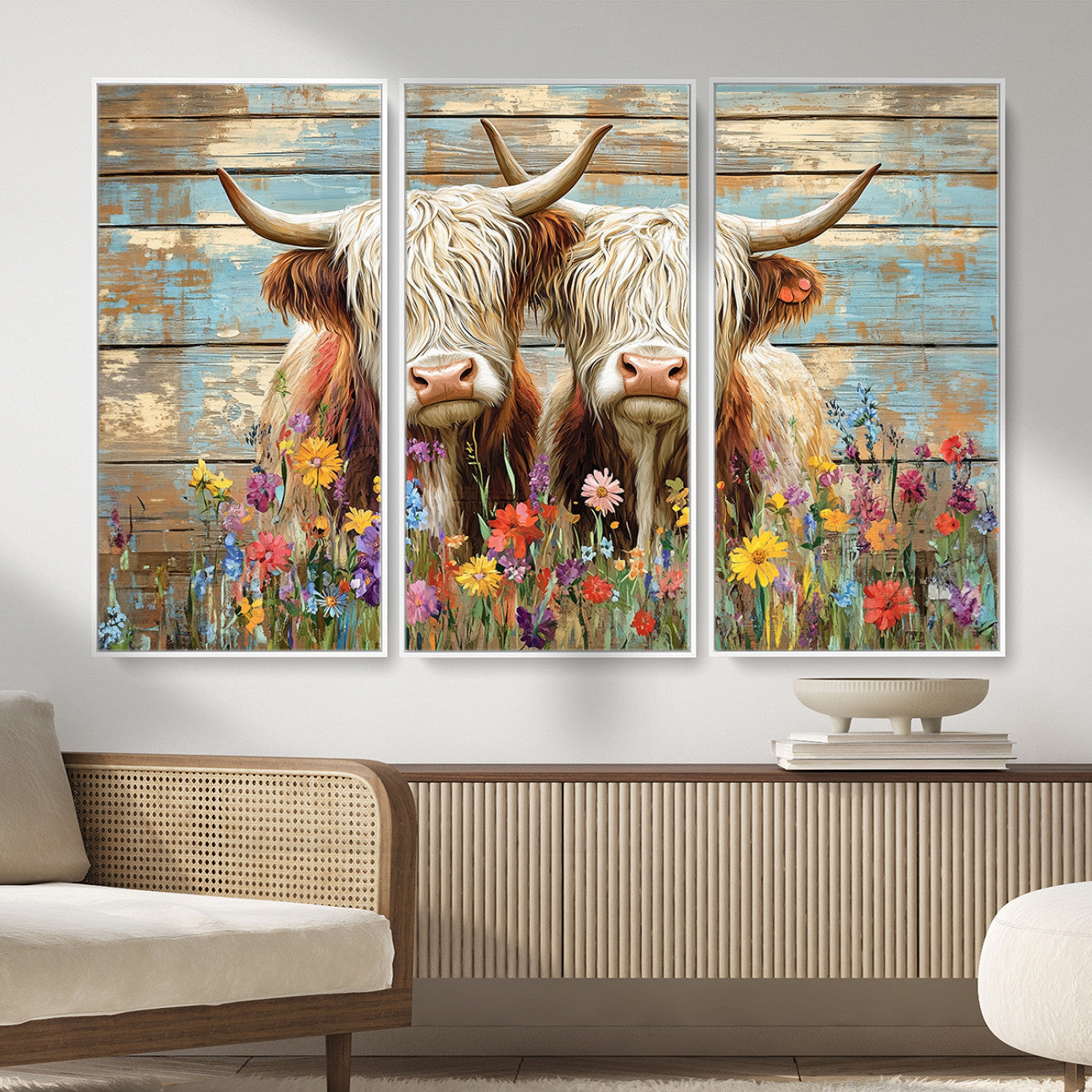 36972-MGV-CV-36X24 - Cute Highland Cow Canvas Wall Art - Rustic Farmhouse Decor with Colorful Flowers Perfect Wall Art