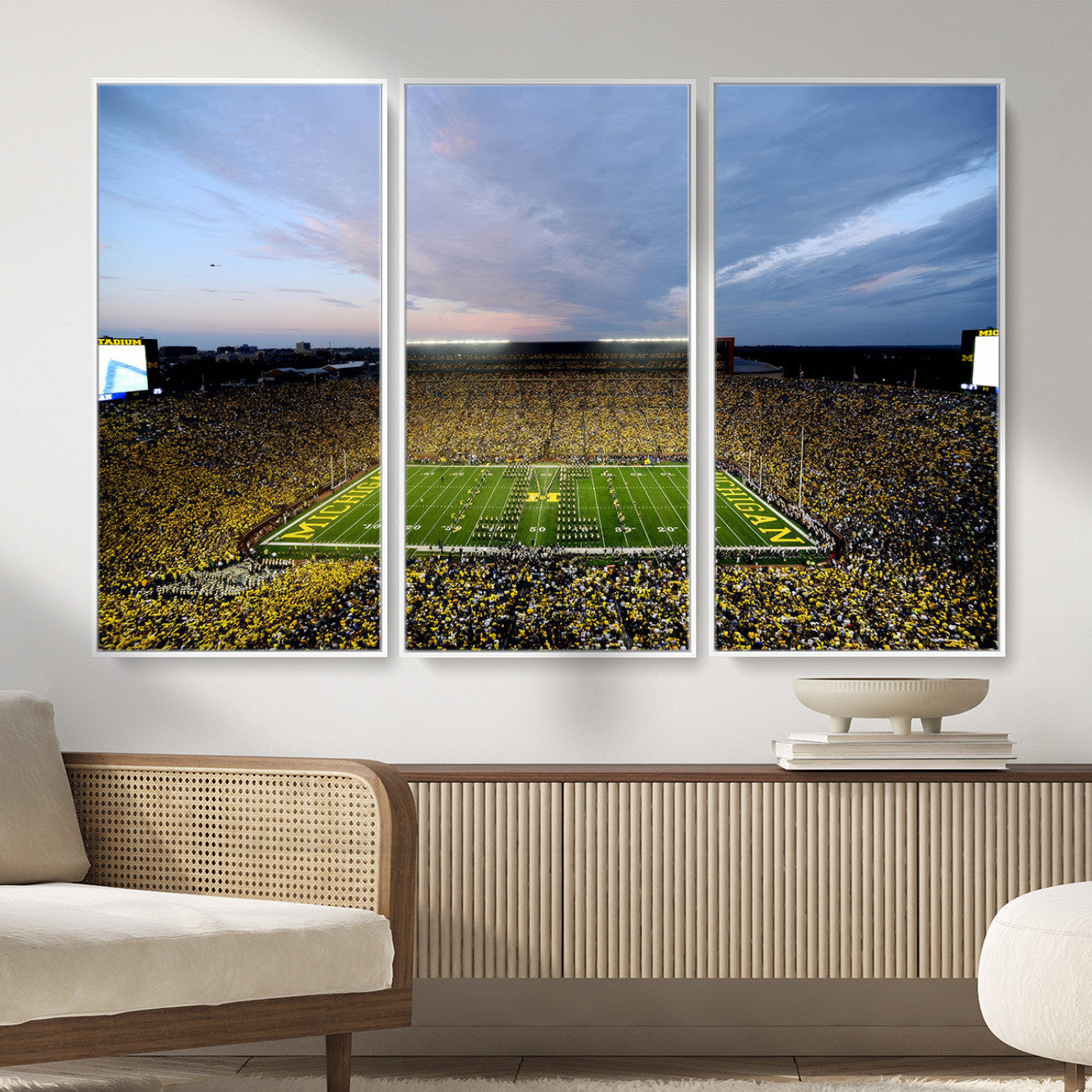 82641-MGV-FC-48X32-3P - Michigan Stadium Wall Art Canvas Print, Vibrant Game Day Crowd and Sunset Sky Football Field Artwork for Home, Office