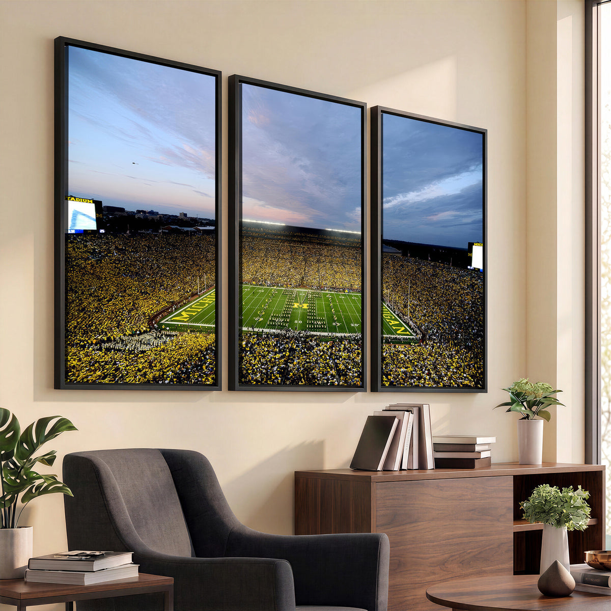 82641-MGV-CV-36X24 - Michigan Stadium Wall Art Canvas Print – Framed Football Field Scene with Marching Band Artwork for Home, Office