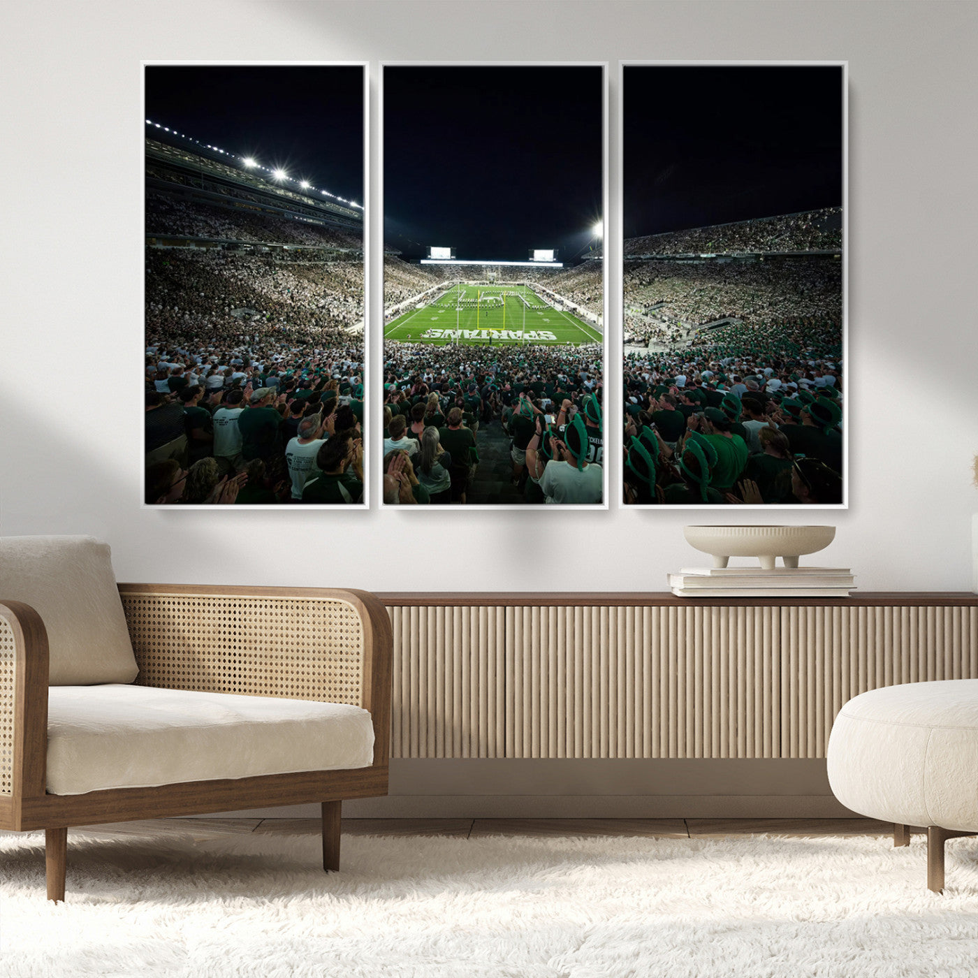MGV-FC-48X32-3P - Framed Michigan State Spartans Football Team Print - East Lansing Spartan Stadium Wall Art Canvas