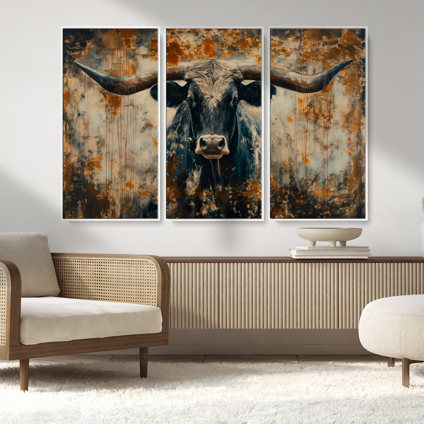 MGV-FC-48X32-3P - Abstract Longhorn Bull Wall Art | Rustic Western Wall Decor | Framed and Ready to Hang | Ideal for
