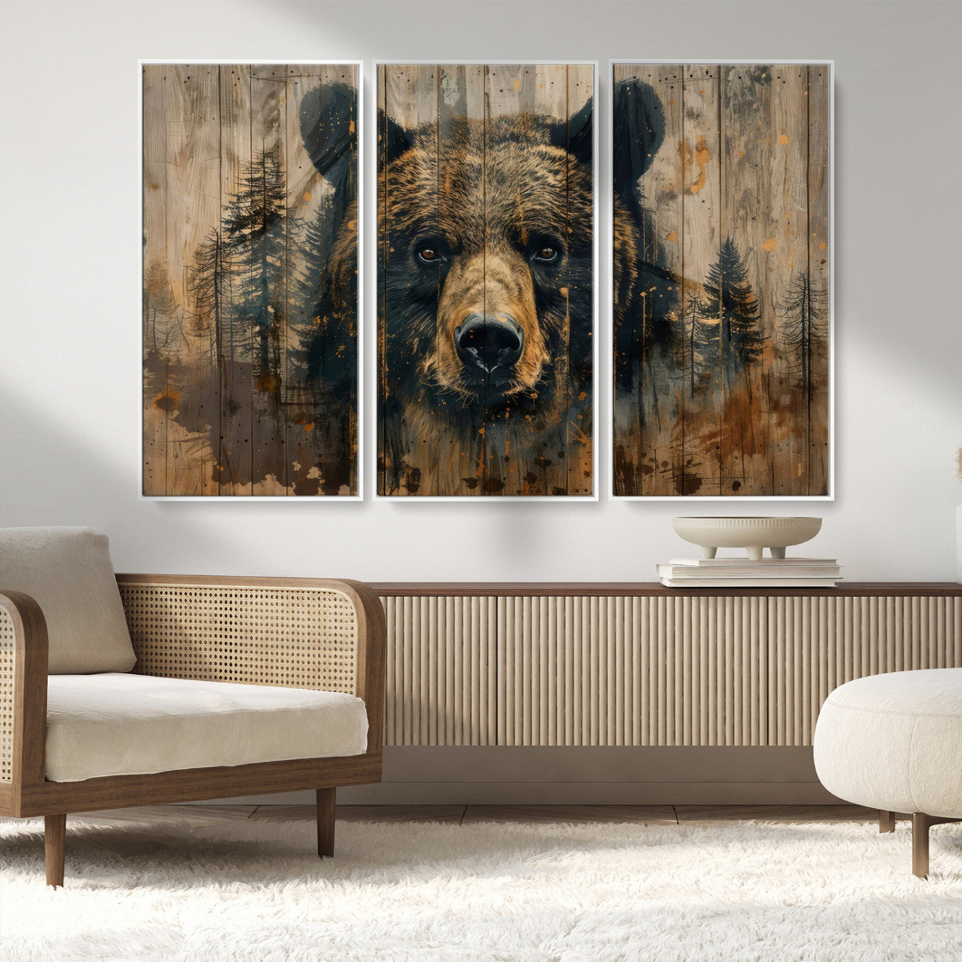 MGV-FC-48X32-3P - Abstract 399 Bear Wall Art | Rustic Cabin Wall Decor with Forest Design | Framed and Ready to Hang |
