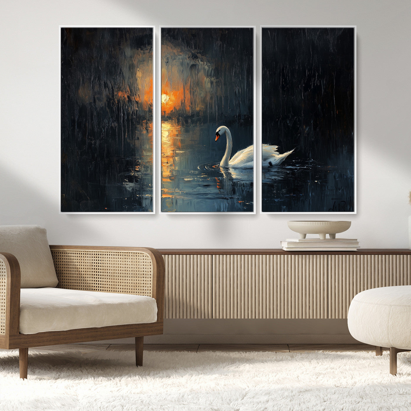 MGV-FC-48X32-3P - Abstract Swan on Water Wall Art Canvas Print - Elegant Nature Scene for Modern Home Decor