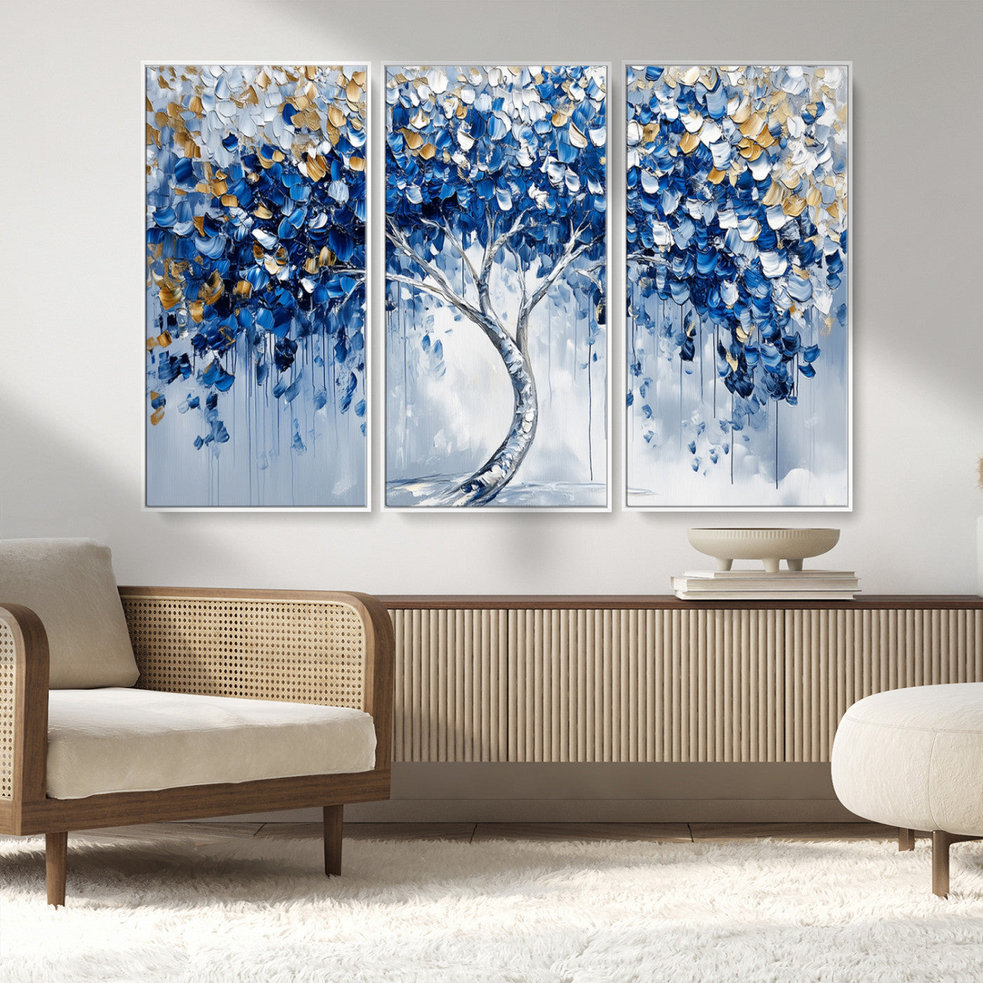 MGV-FC-48X32-3P - Blue and Gold Abstract Tree Wall Art Canvas Print | Modern Tree of Life Painting | Framed Canvas