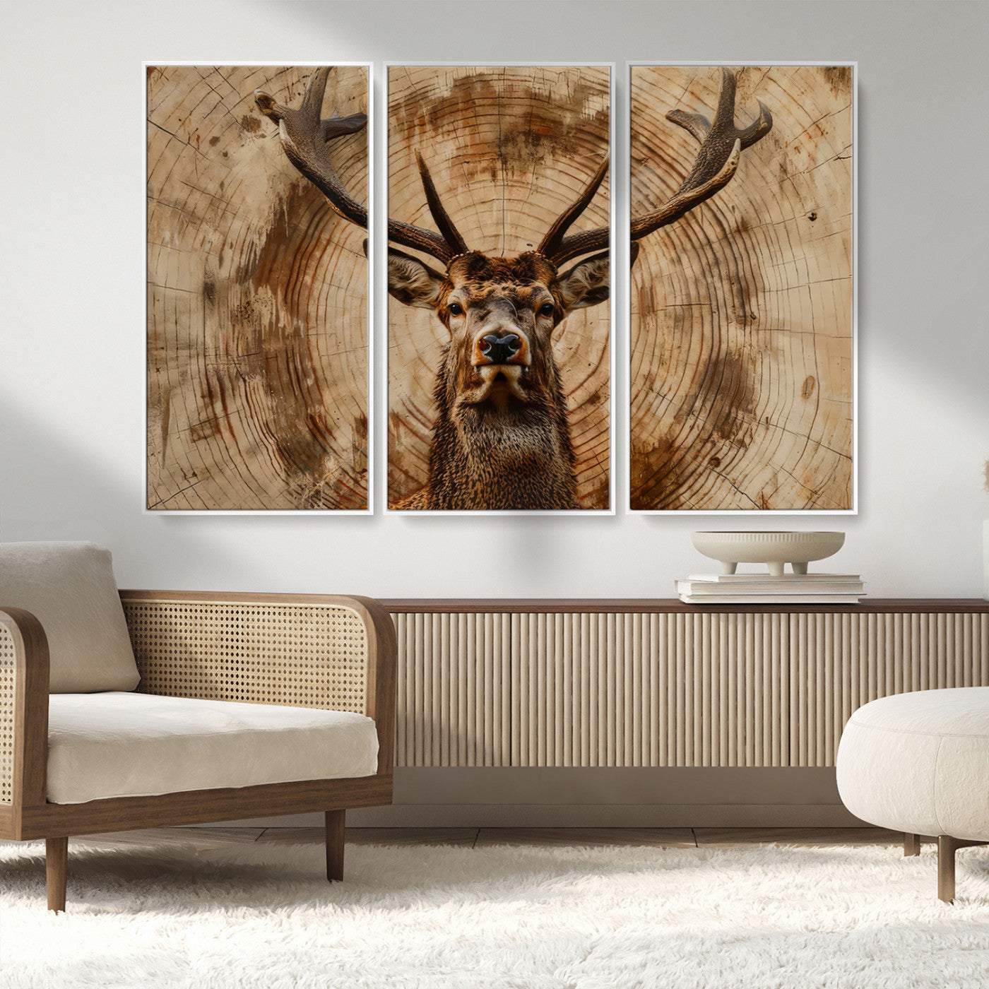 MGV-FC-48X32-3P - Wood Abstract Deer Wall Art | Rustic Wildlife Canvas Print | Ready to Hang Stag Head Triptych for