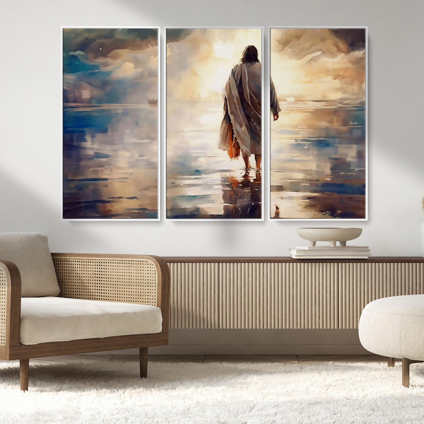 MGV-FC-48X32-3P - Jesus Walking on Water Wall Art | Ready to Hang Spiritual Triptych Canvas Print | Inspirational