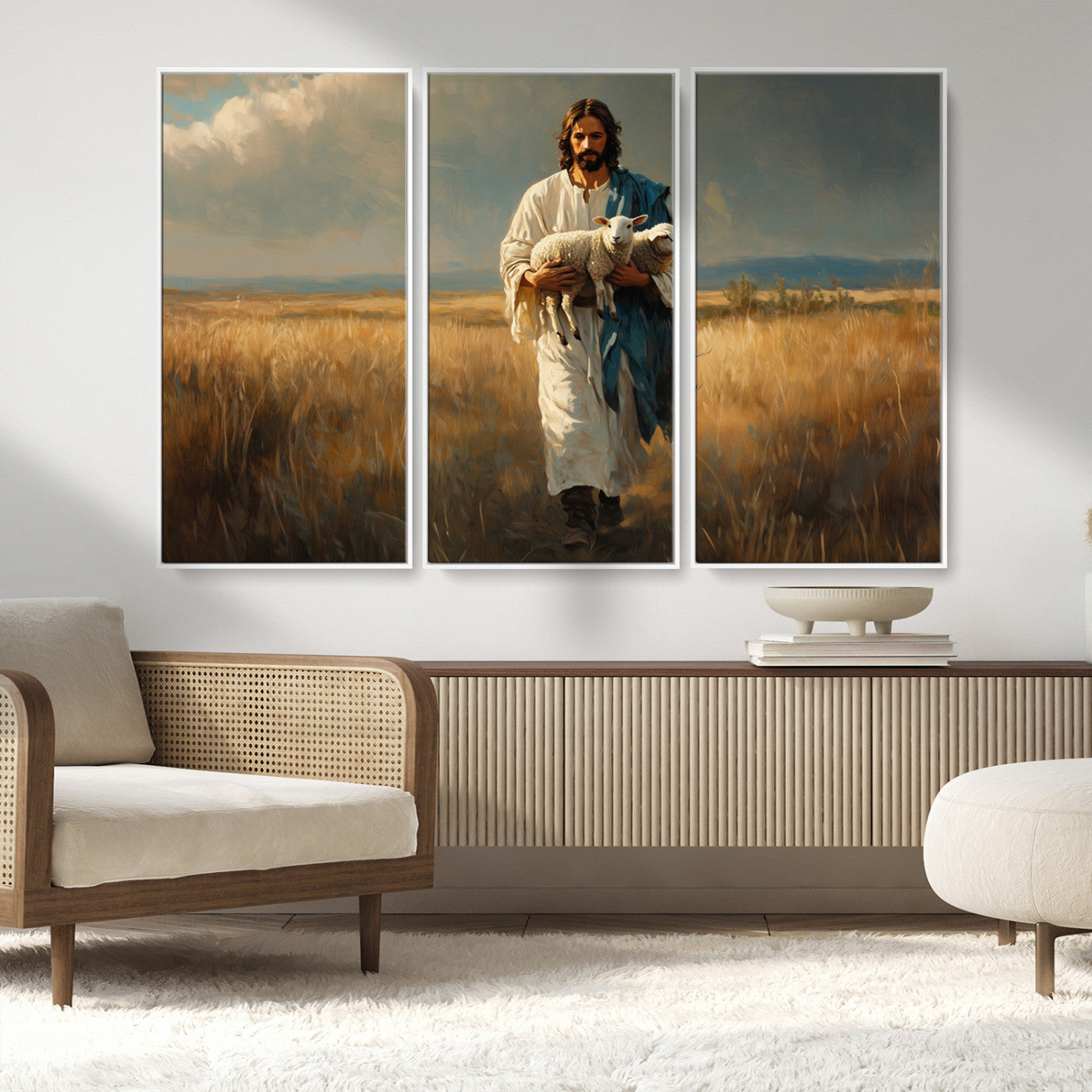 MGV-FC-48X32-3P - Jesus Shepherd Wall Art | Ready to Hang Triptych Canvas of Jesus Holding a Lamb in a Field |
