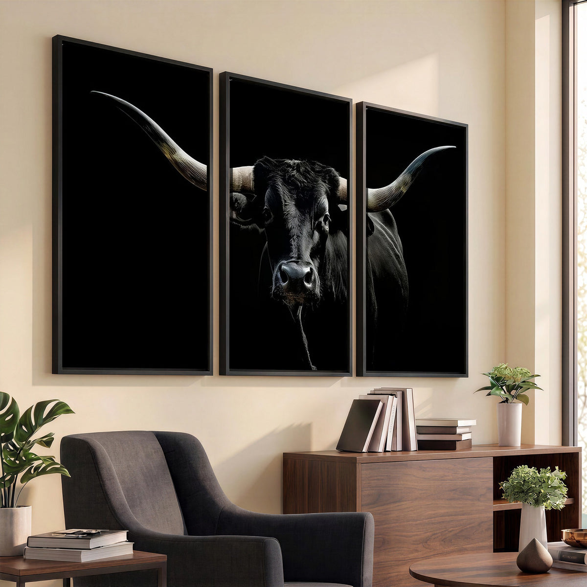 20679-MGV-CV-24X16 - Texas Black Longhorn Bull Wall Art Canvas Print, Western Cattle Rustic Decor