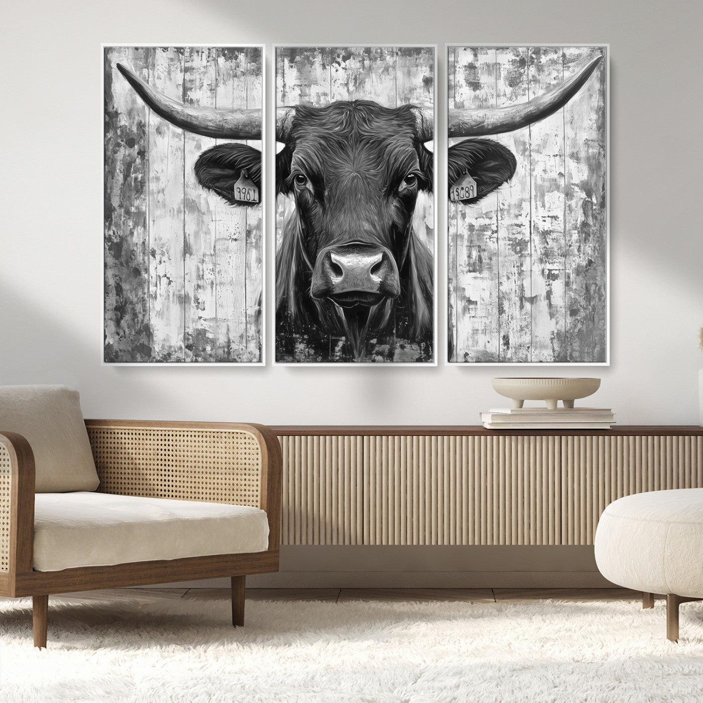 MGV-FC-48X32-3P - Abstract Longhorn Bull Wall Art Canvas Print - Rustic Texas Western Cow Artwork