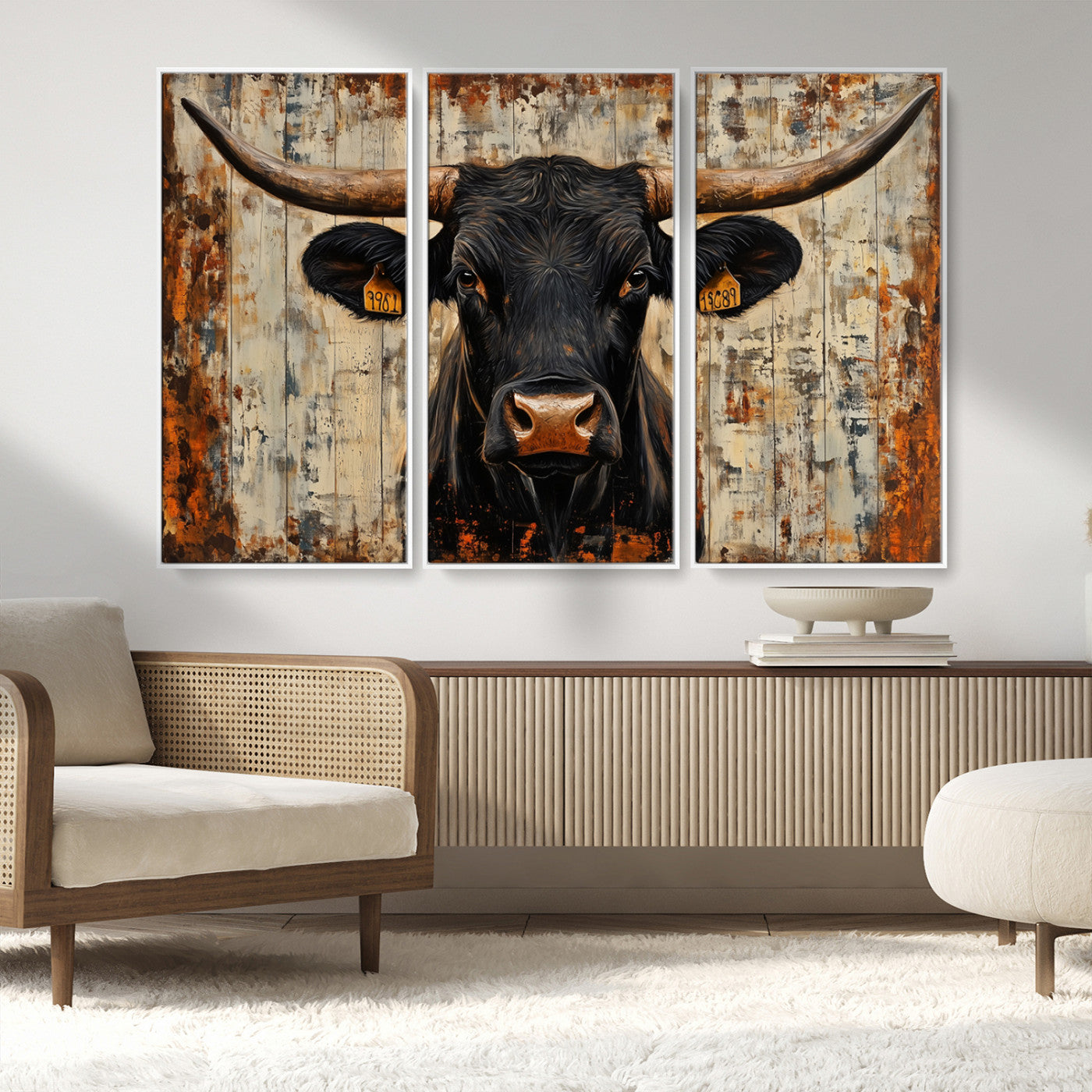 MGV-FC-48X32-3P - Rustic Texas Artwork Wall Art Canvas Print - Abstract Cow Longhorn Bull Wall Art Canvas Print