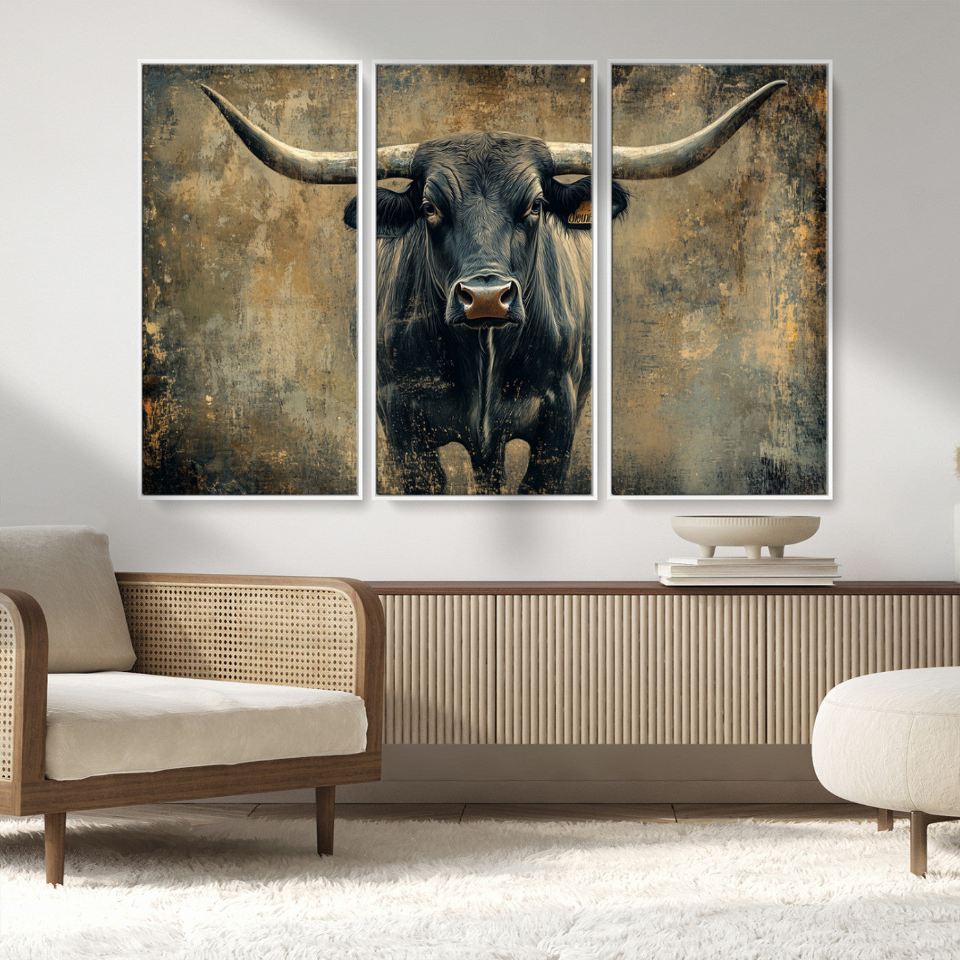 MGV-FC-48X32-3P - Longhorn Bull Wall Art Canvas Print, Framed Rustic Cow Art Picture Print, Texas Longhorn Perfect Western Decor Artwork