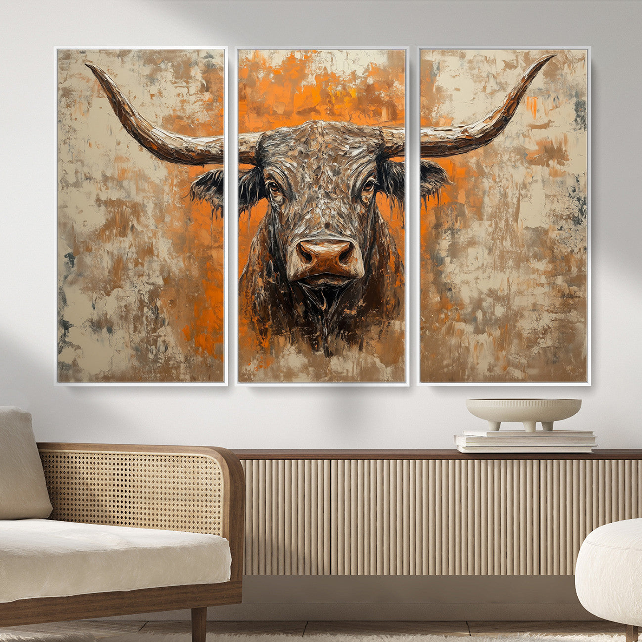 49976-MGV-CV-36X24 - Abstract Cow Longhorn Bull Wall Art Canvas Print - Rustic Texas Western Cattle Artwork
