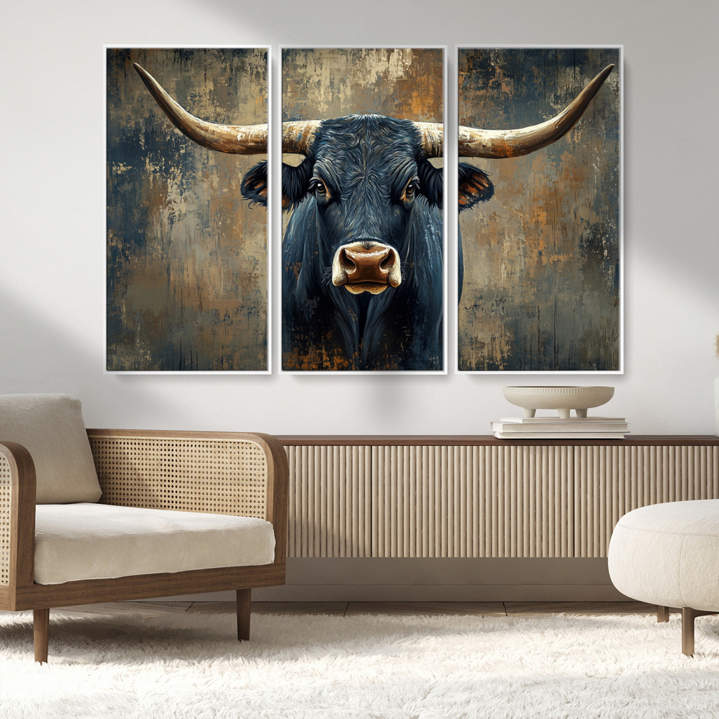 MGV-FC-48X32-3P - Texas Western Wall Art Canvas Print - Abstract Cow Longhorn Bull Wall Art Canvas Print - Rustic Cow