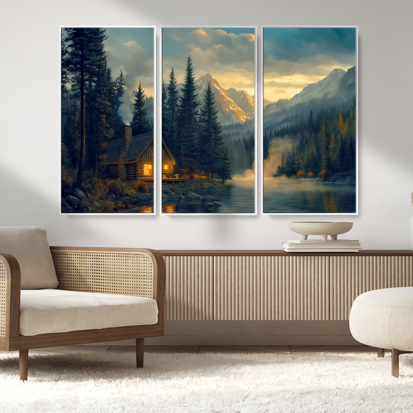 MGV-FC-48X32-3P - Mountain Cabin by the Lake at Sunset Wall Art - Serene Nature Canvas Print for Living Room Decor,