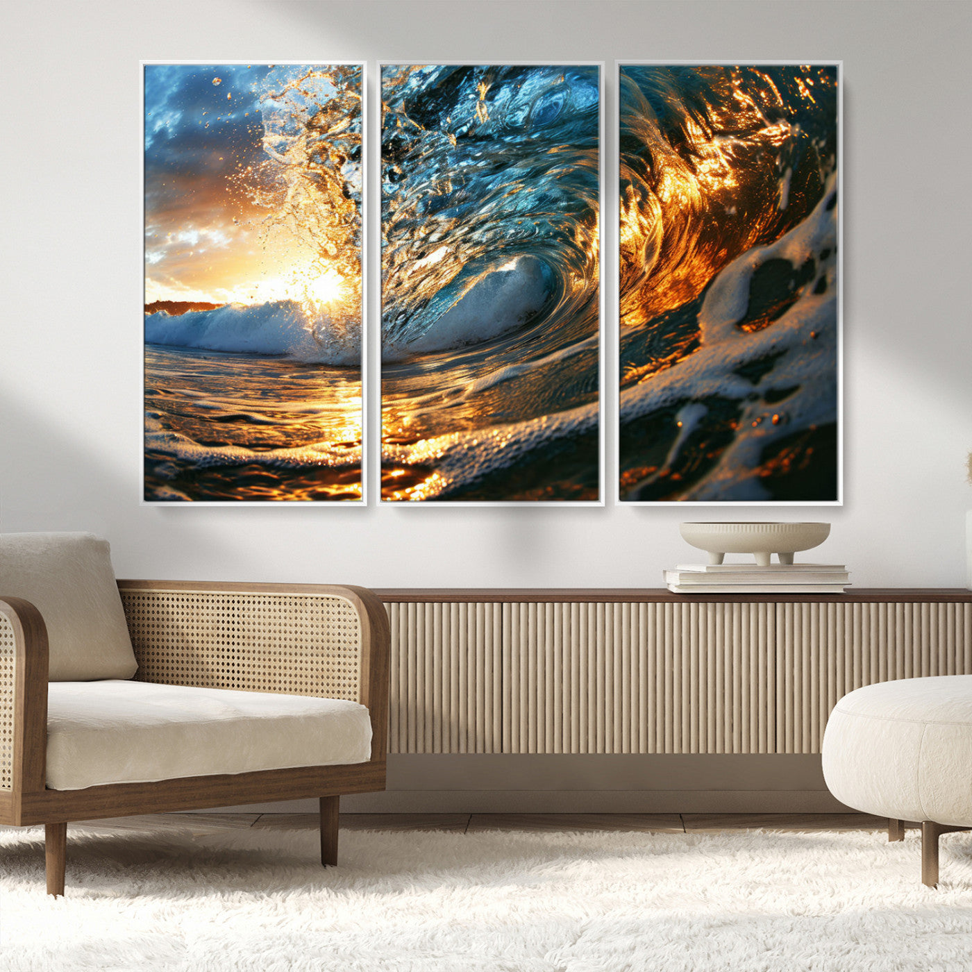 MGV-FC-48X32-3P - Ocean Wave at Sunset Canvas Wall Art – Vibrant Coastal Beach Waves Print, Large Nautical Decor,