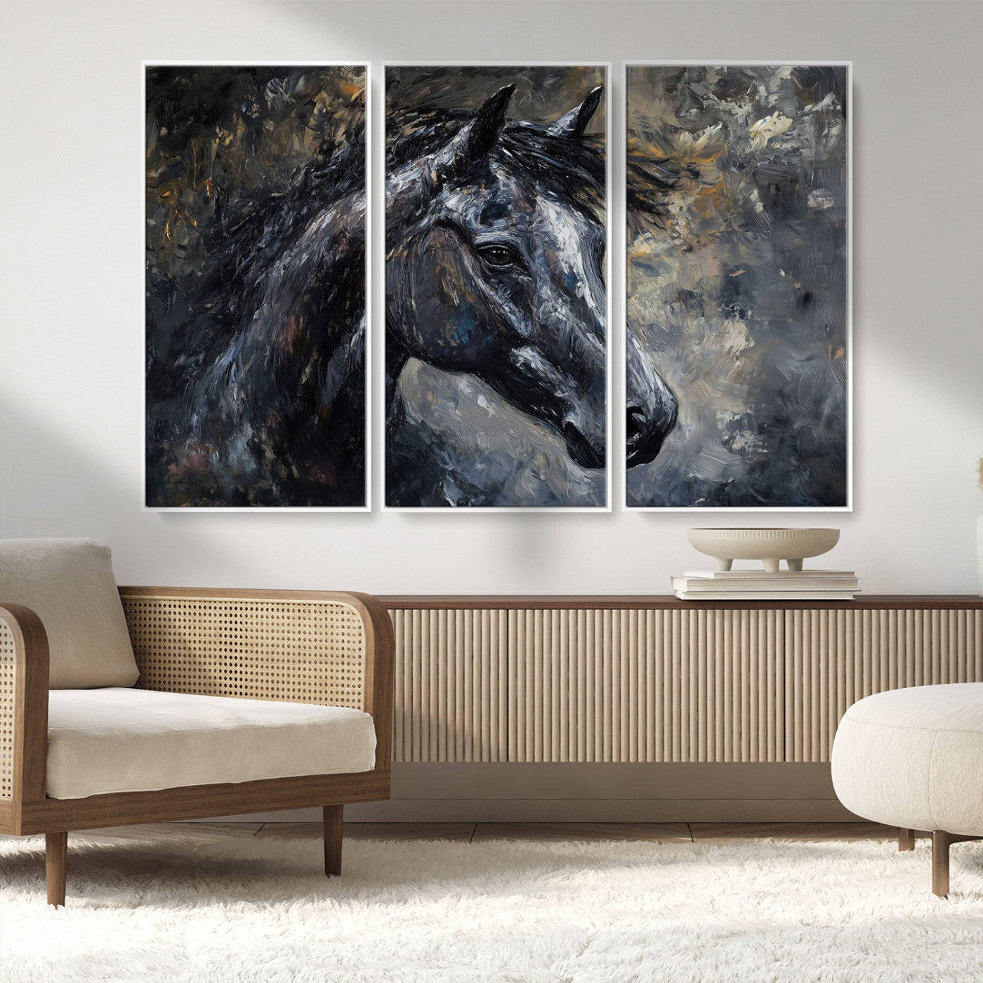MGV-FC-48X32-3P - Large Abstract Horse Wall Art Canvas Print | Farmhouse Wall Decor | Rustic Horse Art | Western Cabin