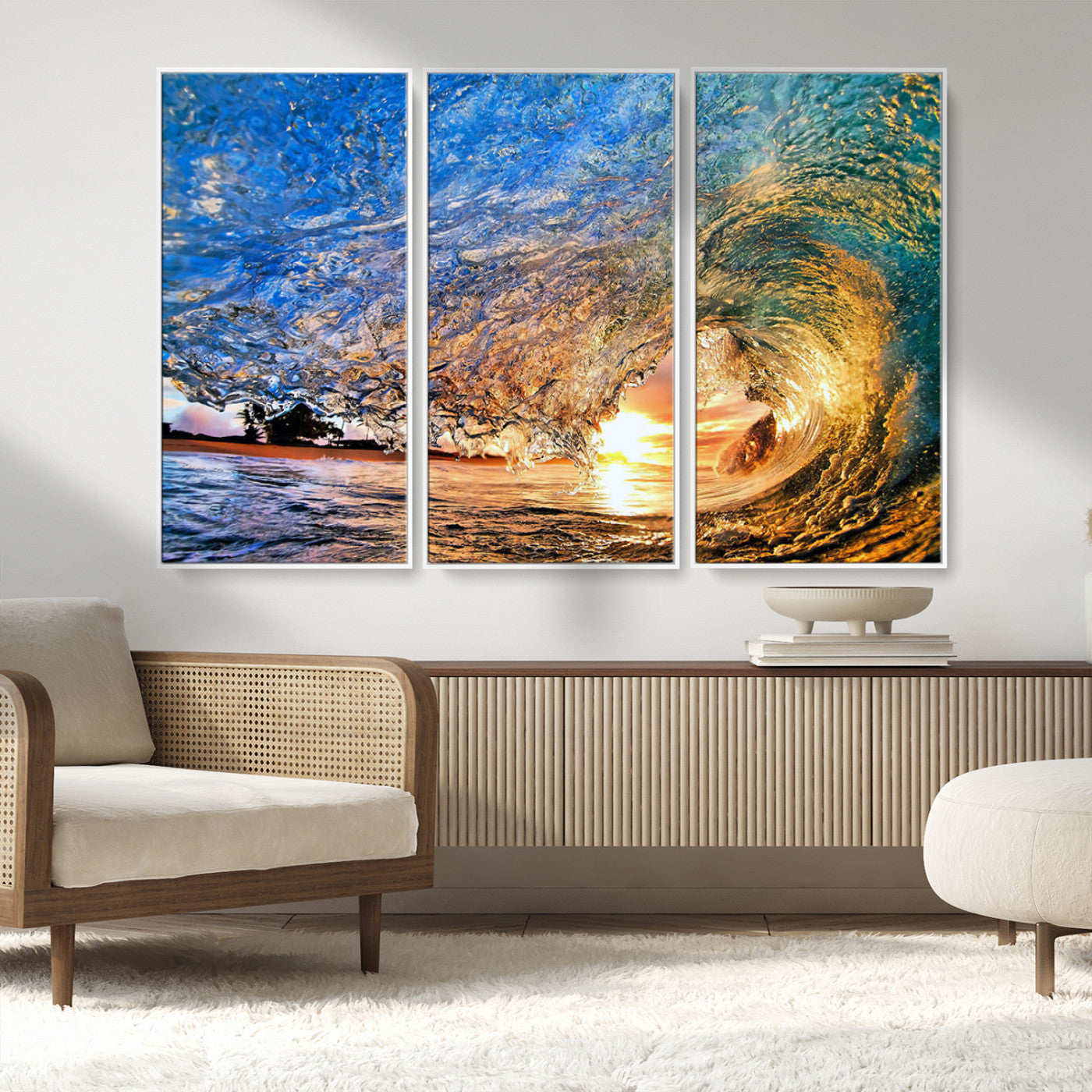 MGV-FC-48X32-3P - Ocean Wave at Sunset Canvas Wall Art – Vibrant Coastal Beach Waves Print, Large Nautical Decor,