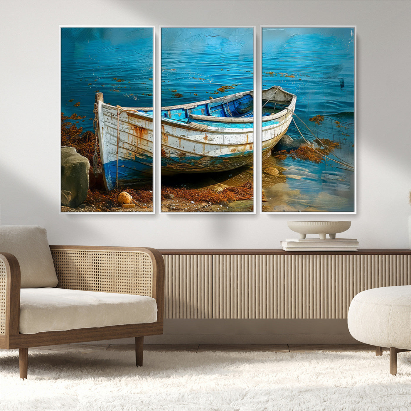MGV-FC-48X32-3P - Vintage Boat on Tranquil Waters | Coastal Wall Art for Nautical Decor | Rustic Triptych Canvas Print