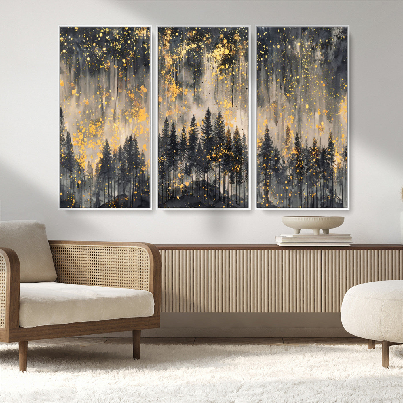MGV-FC-48X32-3P - Golden Forest Abstract Wall Art | Dark Forest with Gold Splatter Accents | Triptych Ready to Hang
