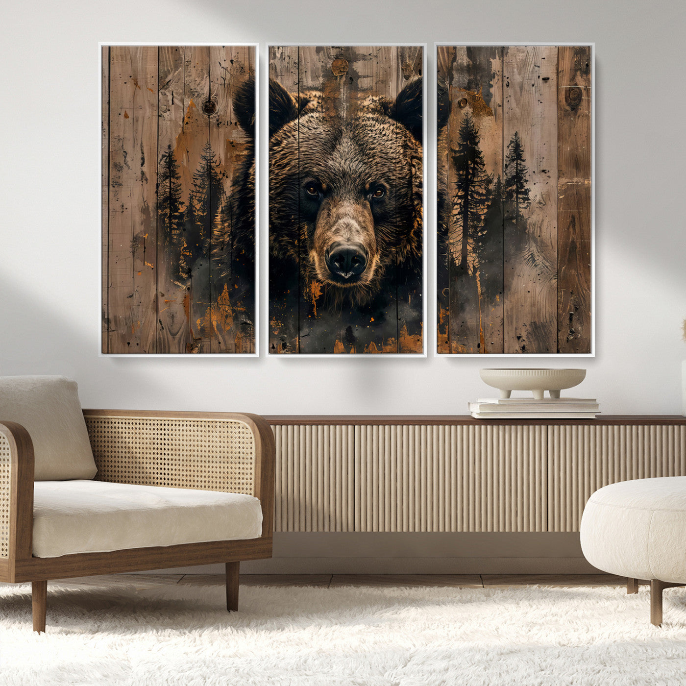 MGV-FC-48X32-3P - Rustic Grizzly 399 Wall Art | Triptych Canvas Print | Rustic Cabin Wall Decor | Perfect for