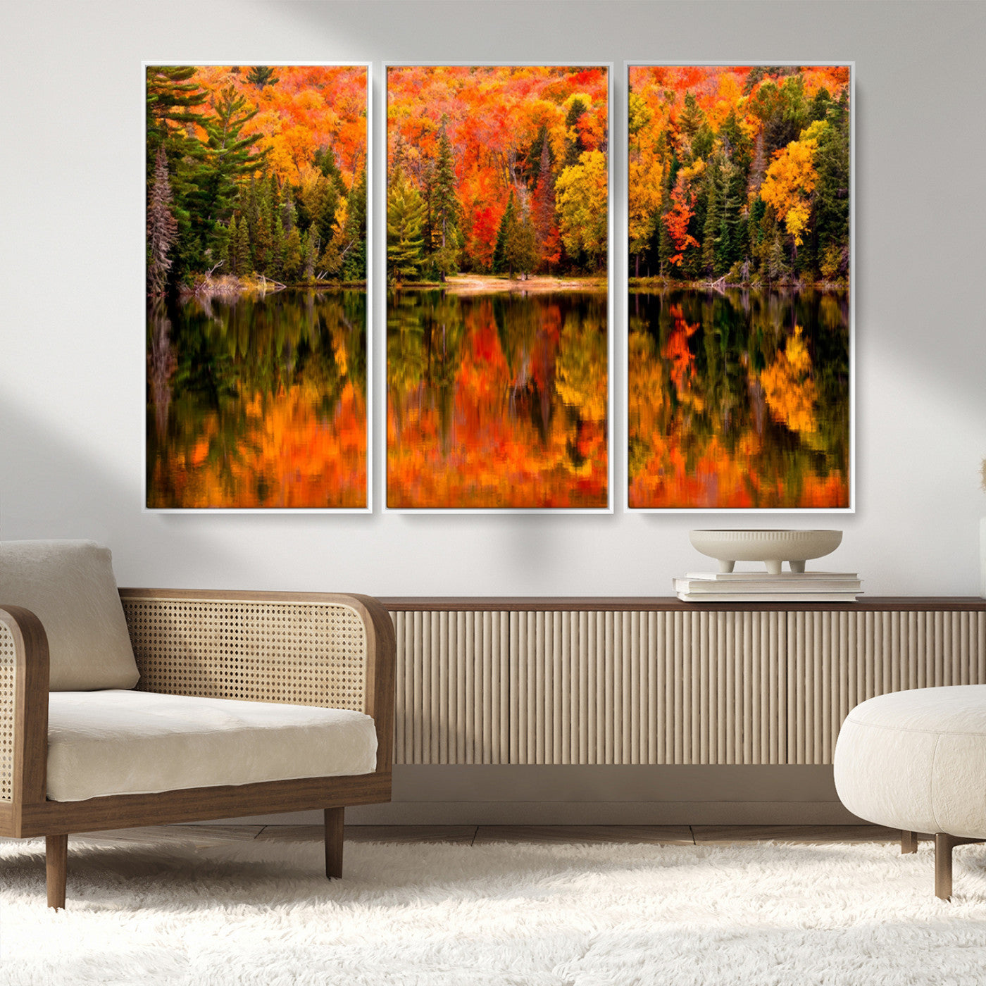 MGV-FC-48X32-3P - Forest Reflection Art | Autumn Forest Reflection Wall Art | Triptych Canvas Print | Vibrant Fall