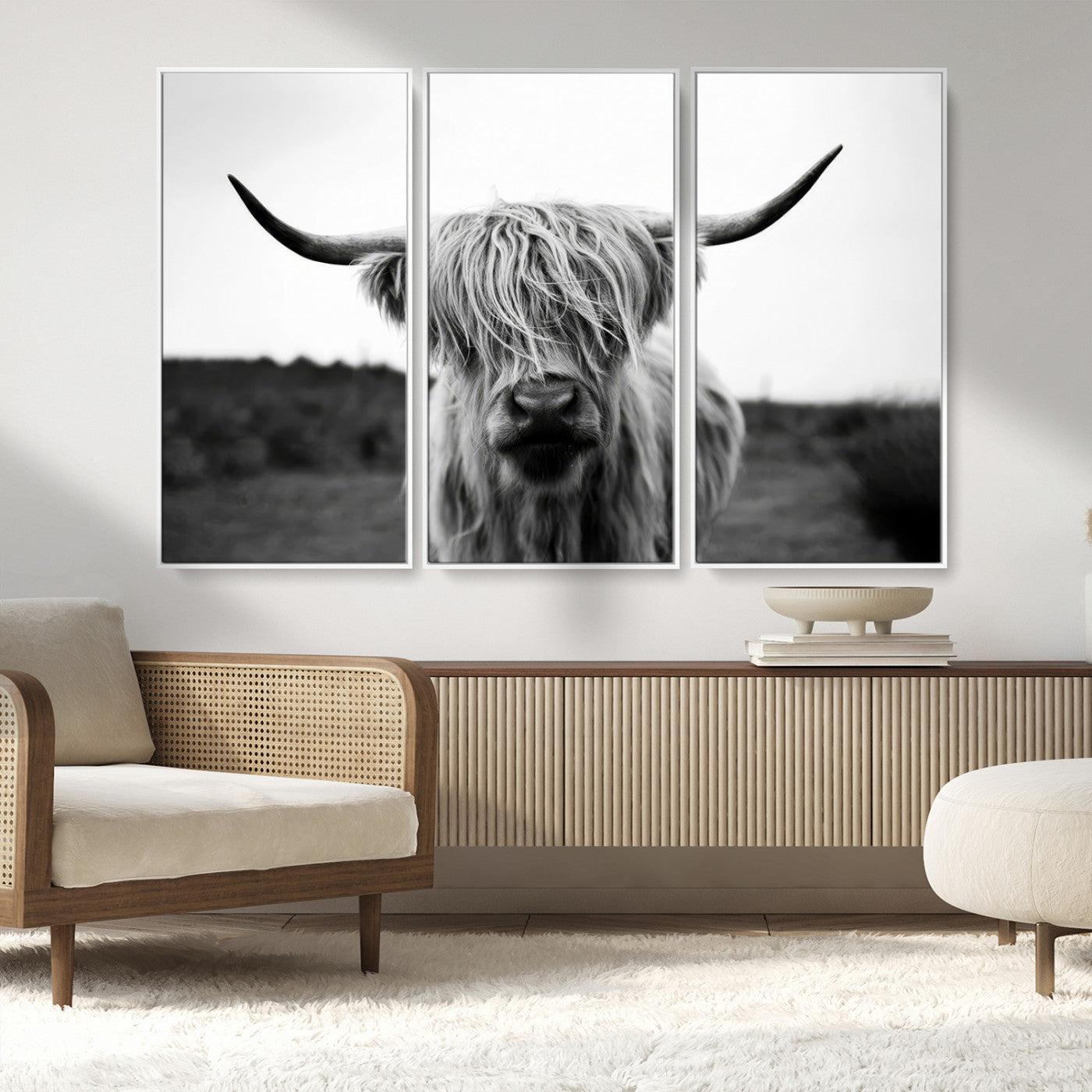 MGV-FC-48X32-3P - Highland Cow Wall Art | Black and White Farmhouse Decor | Triptych Canvas Print | Rustic Barn Decor