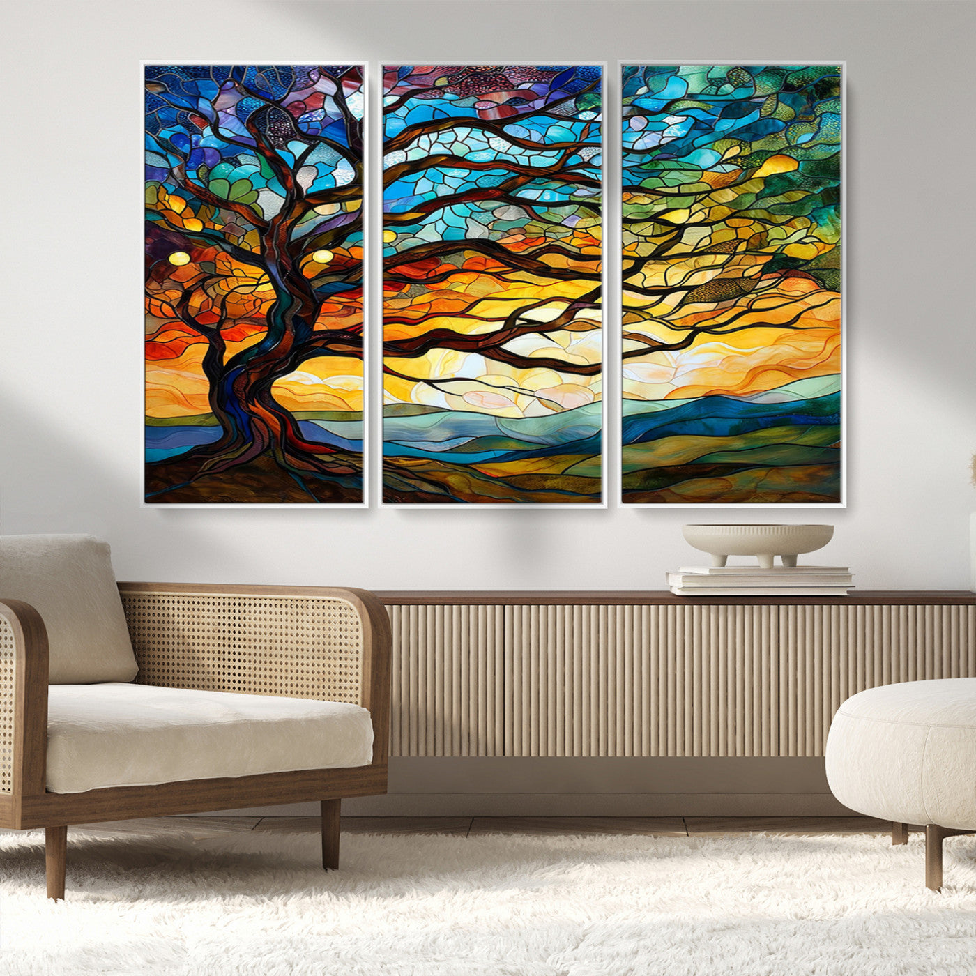 MGV-FC-48X32-3P - Mosaic Tree Wall Art | Ready to Hang Stained Glass Style Canvas Print | Farmhouse Wall Decor, Cabin