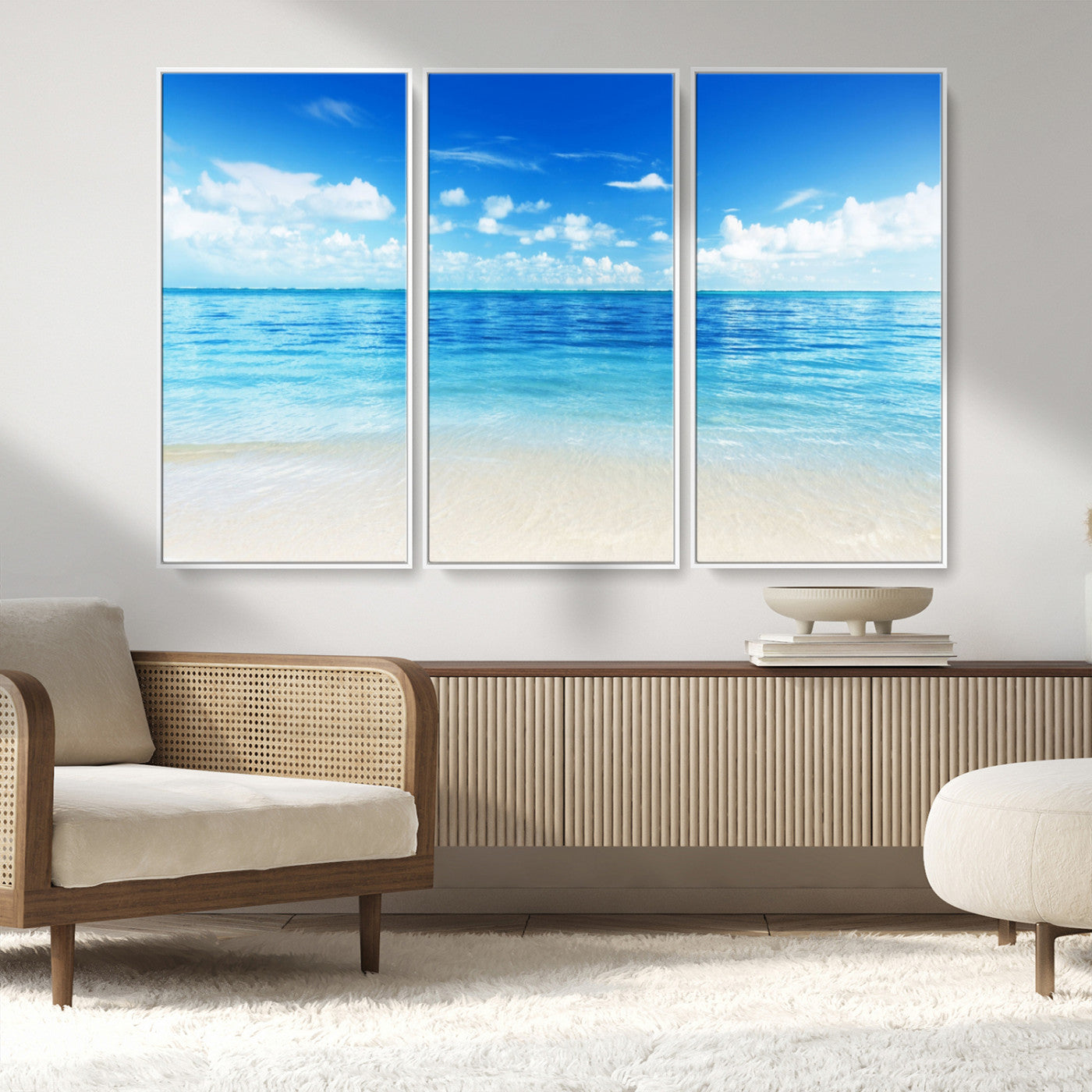 MGV-FC-48X32-3P - Beach Scene Canvas Wall Art Print – Tranquil Ocean Horizon and White Sand Beach Wall Decor for Home