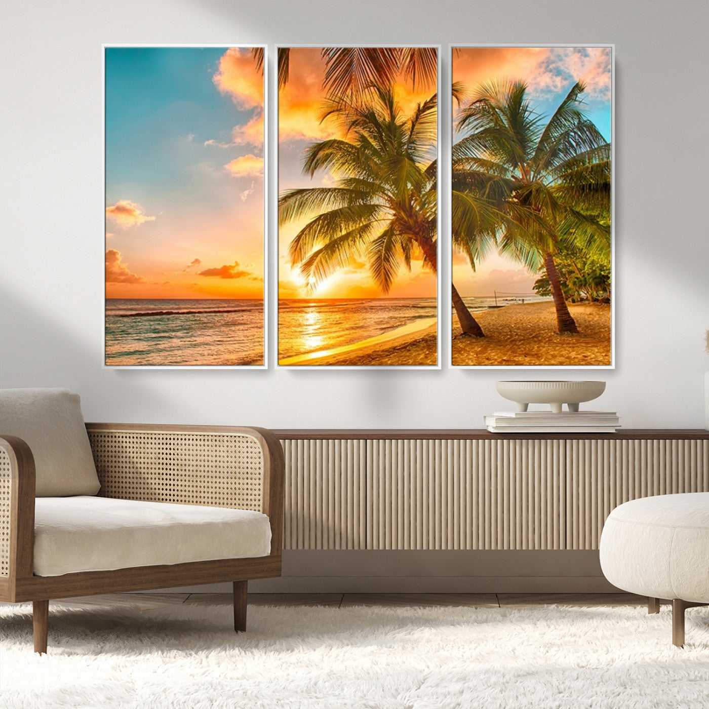 MGV-FC-48X32-3P - Tropical Sunset Beach Canvas Wall Art Print – Vibrant Palm Trees and Coastal Sunset Wall Decor for