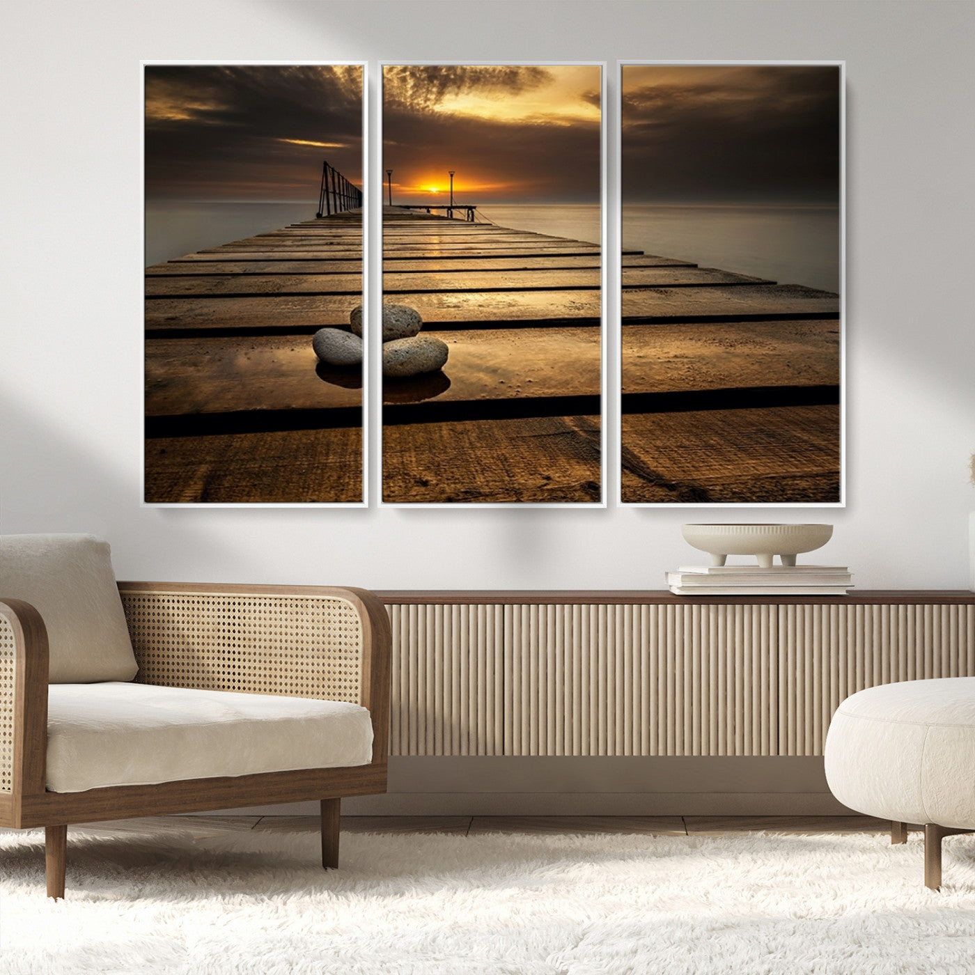 MGV-FC-48X32-3P - Stones on Wooden Pier at Sunset Canvas Print, Serene Coastal Wall Art, Beach Sunset Photography,