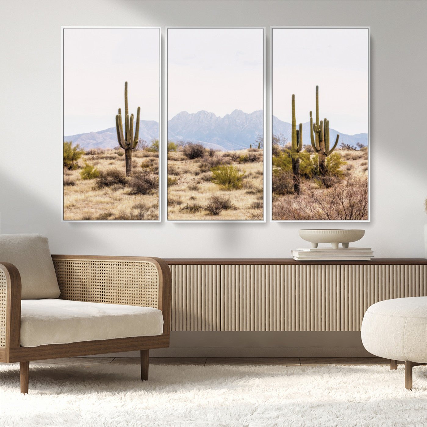 -Desert Cactus Canvas Wall Art – Serene Southwestern Arizona Landscape with Majestic Mountains -