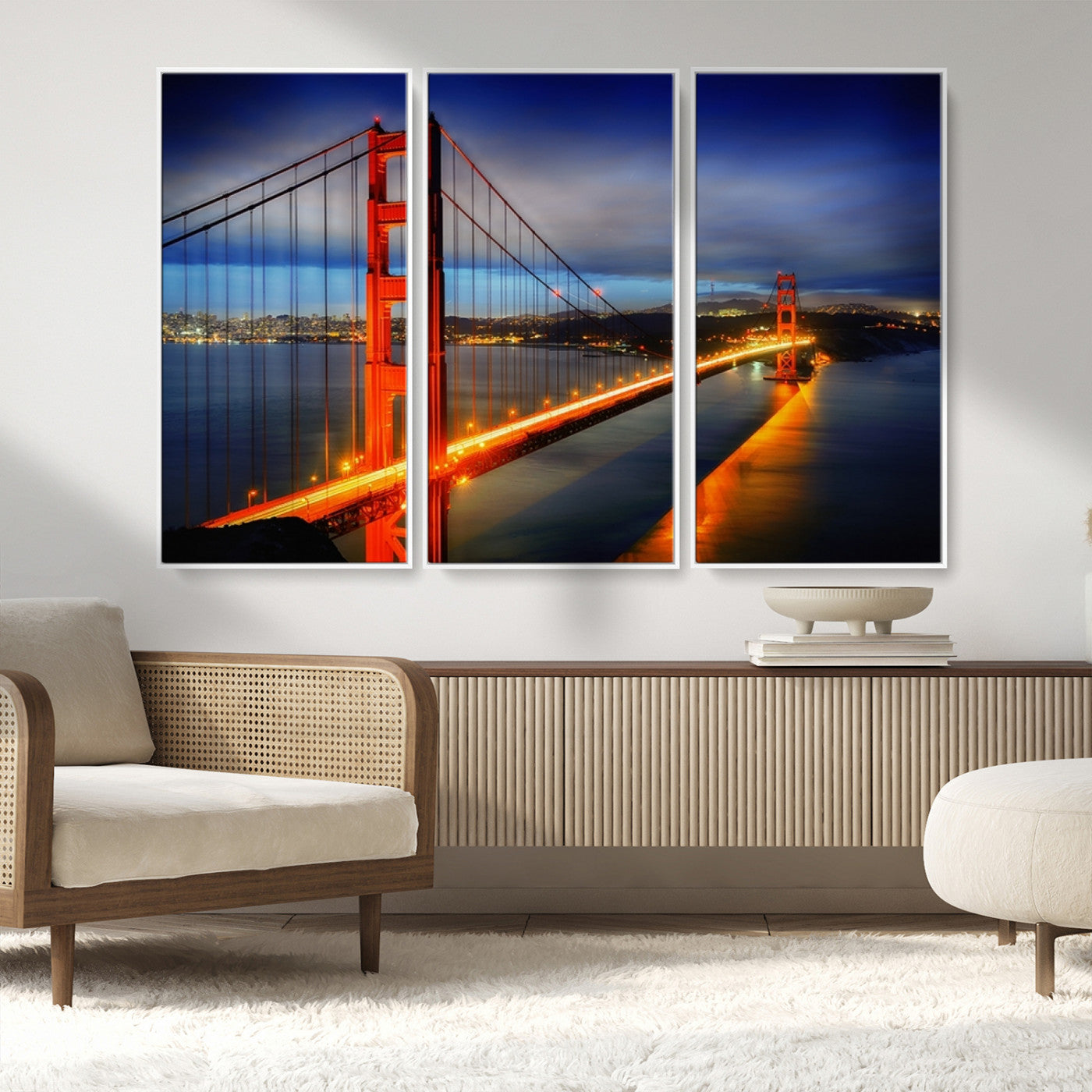 MGV-FC-48X32-3P - Large Wall Art San Francisco Canvas Print - Wonderful Golden Gate Bridge at Twilight