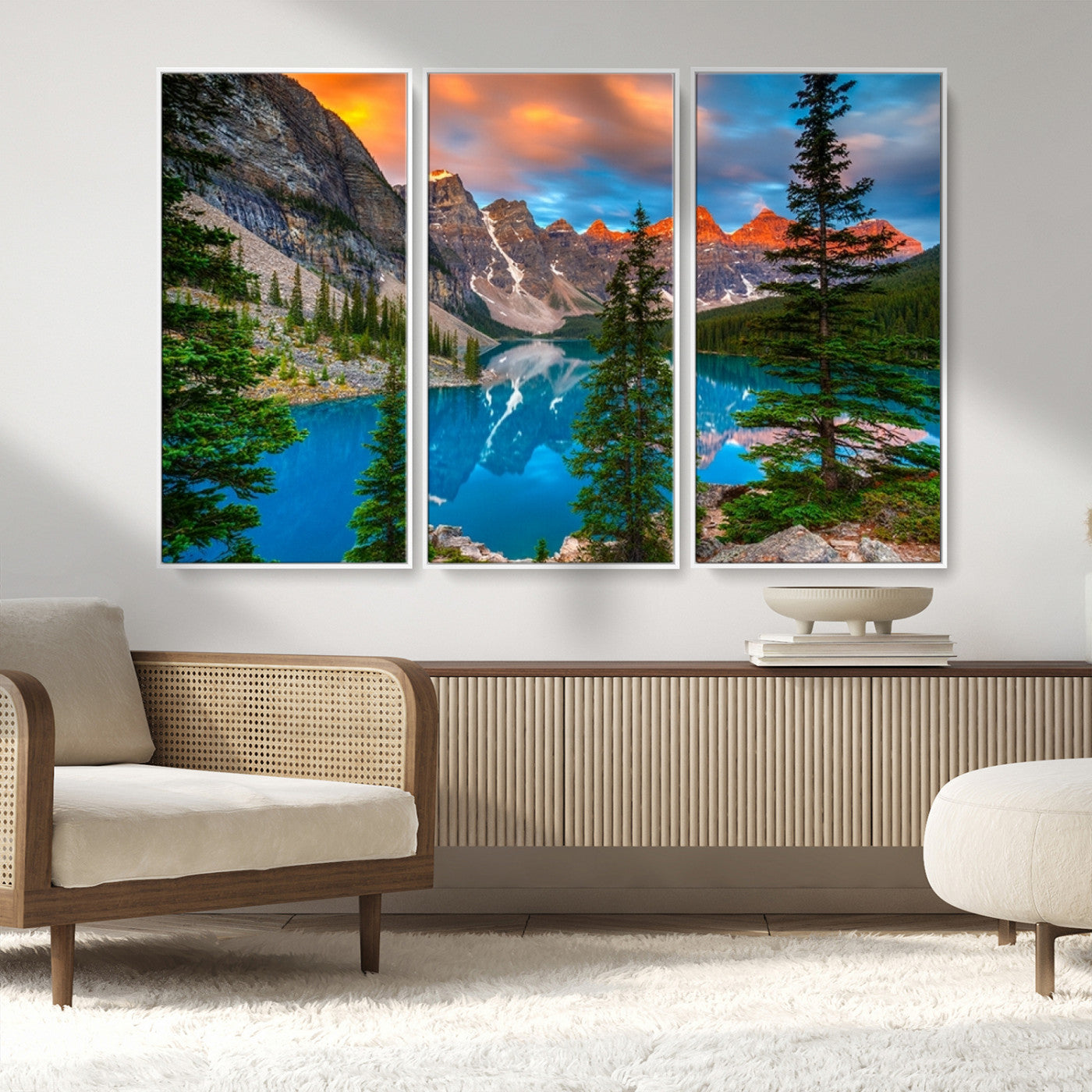 MGV-FC-48X32-3P - Canadian Rockies Moraine Lake Wall Art Canvas Print, Pine Trees Mountain Spring Canvas Print