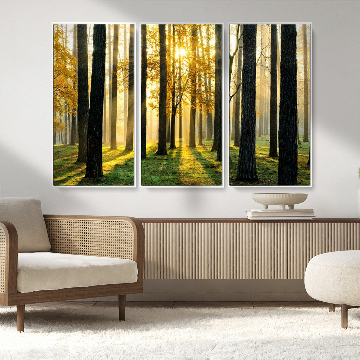 MGV-FC-48X32-3P - Sunlit Forest Canvas Wall Art – Serene Woodland Triptych Landscape Print – Nature-Inspired Decor for