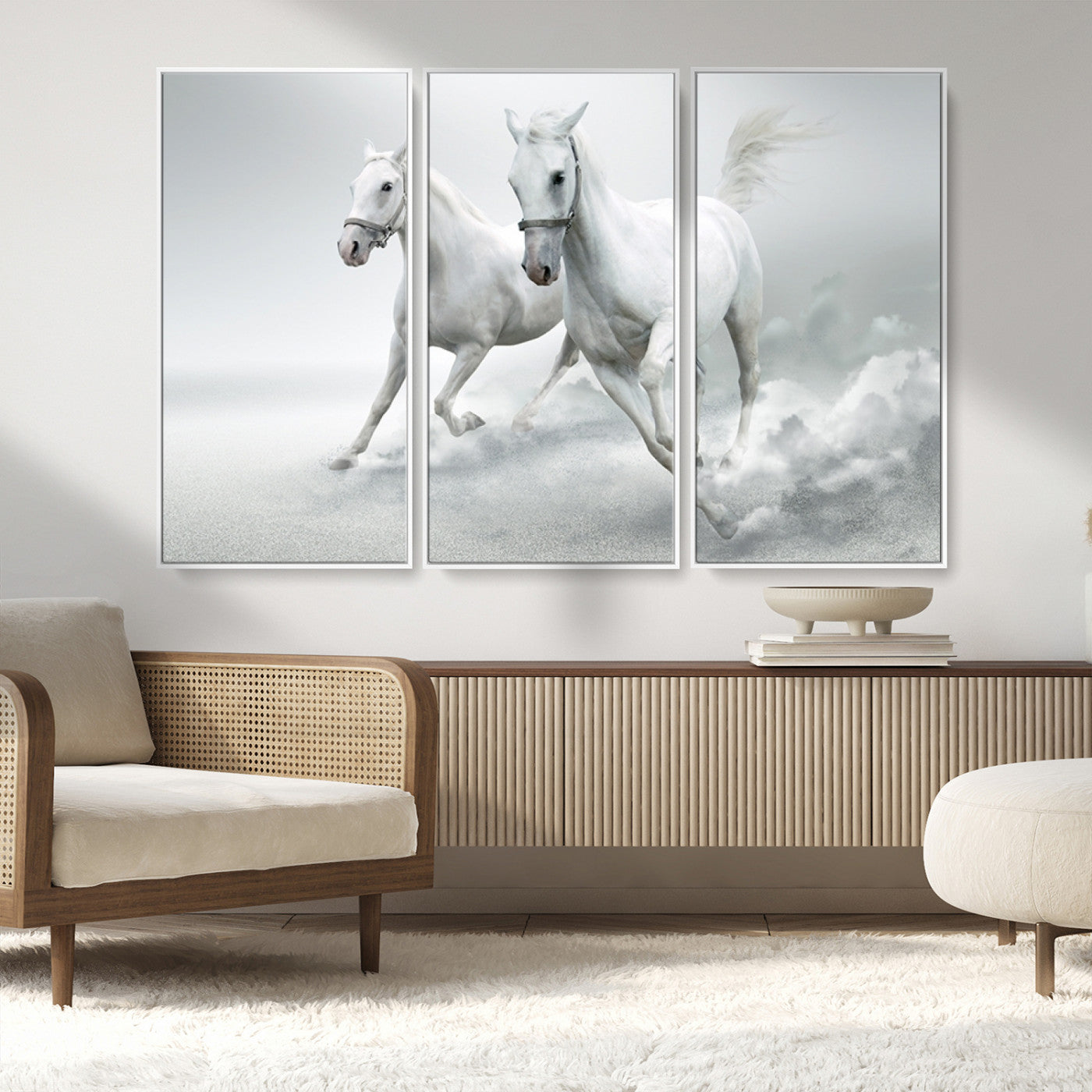 MGV-FC-48X32-3P - Large Wall Art Animal Canvas Print - Beautiful Running White Horses